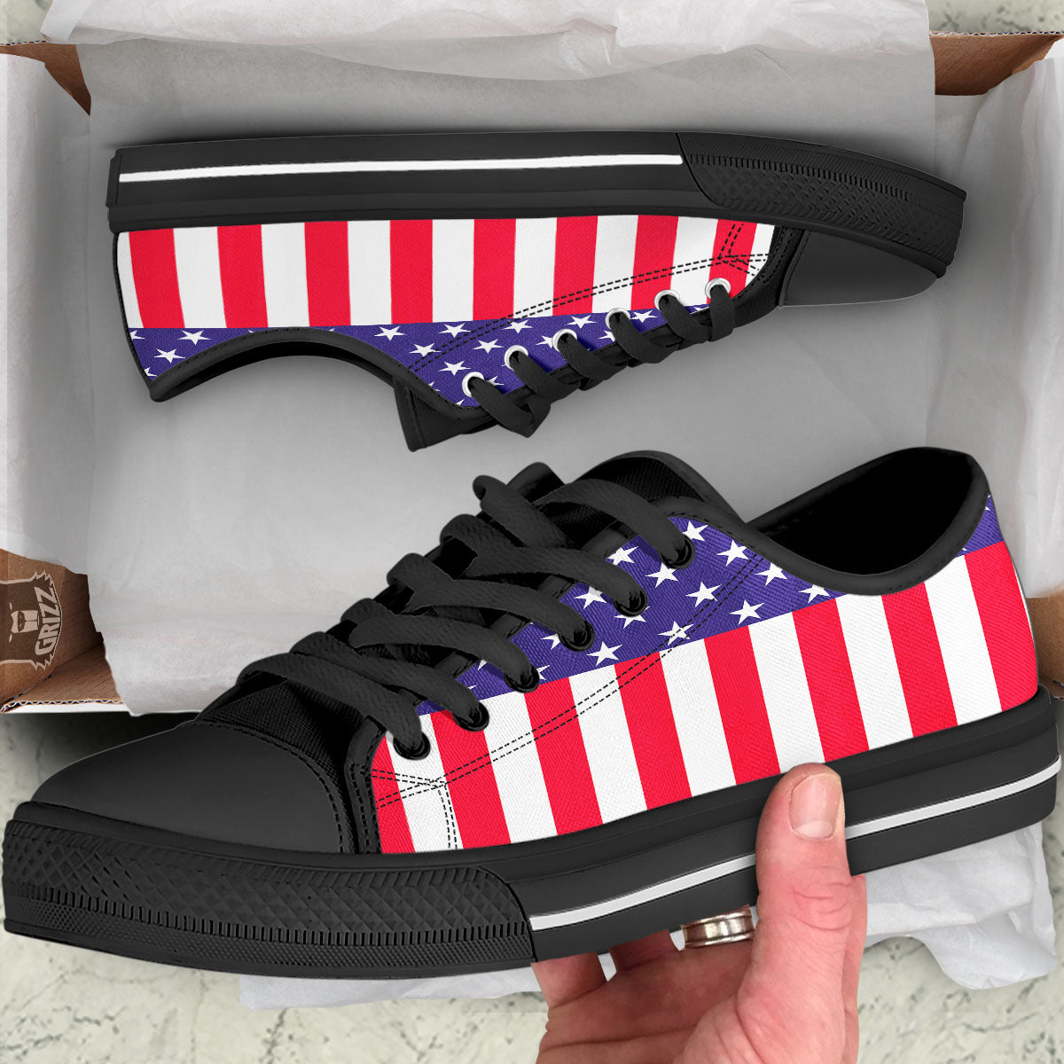 American Military Flag Print Black Low Top Shoes-grizzshop
