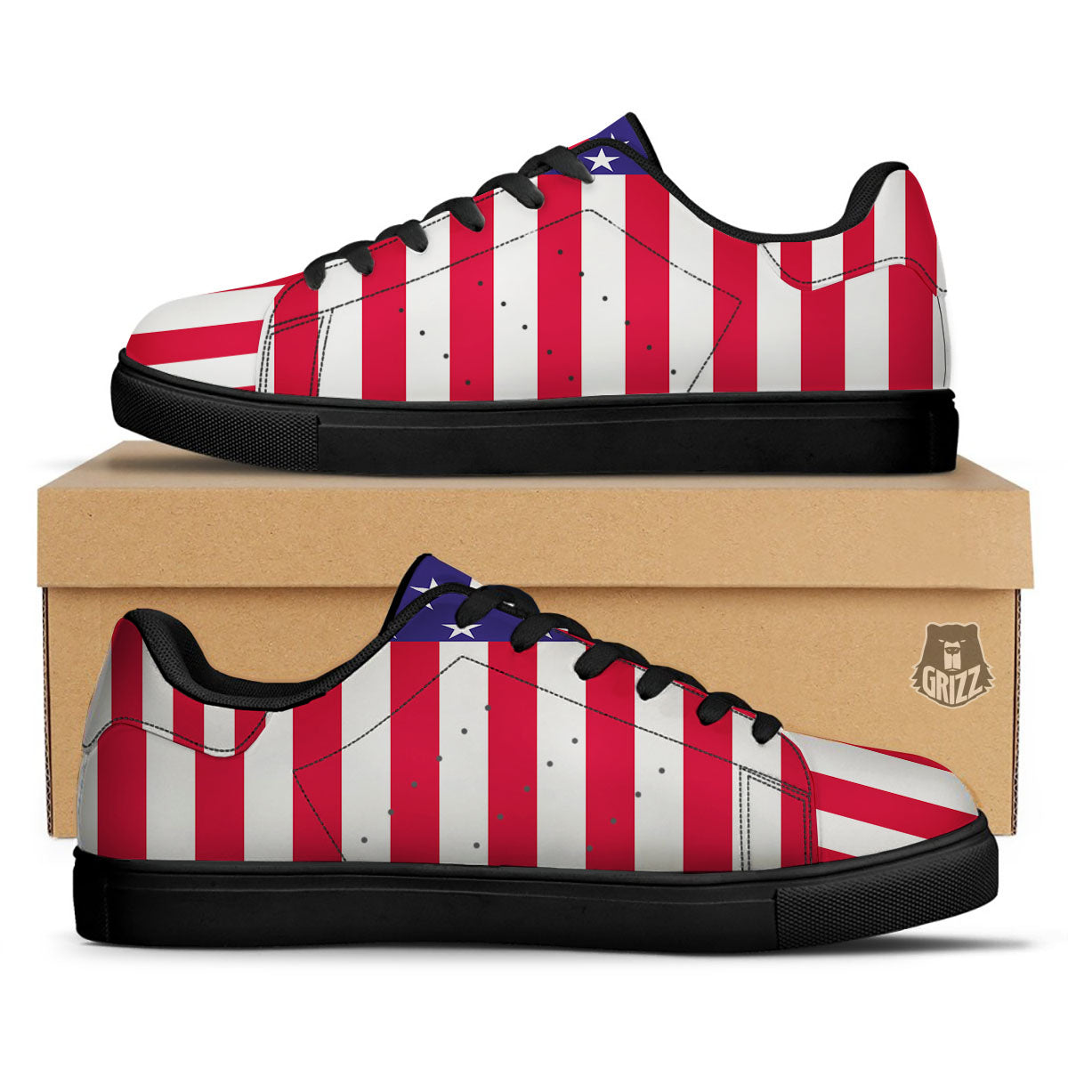 American Military Flag Print Black Low Top Sneakers-grizzshop