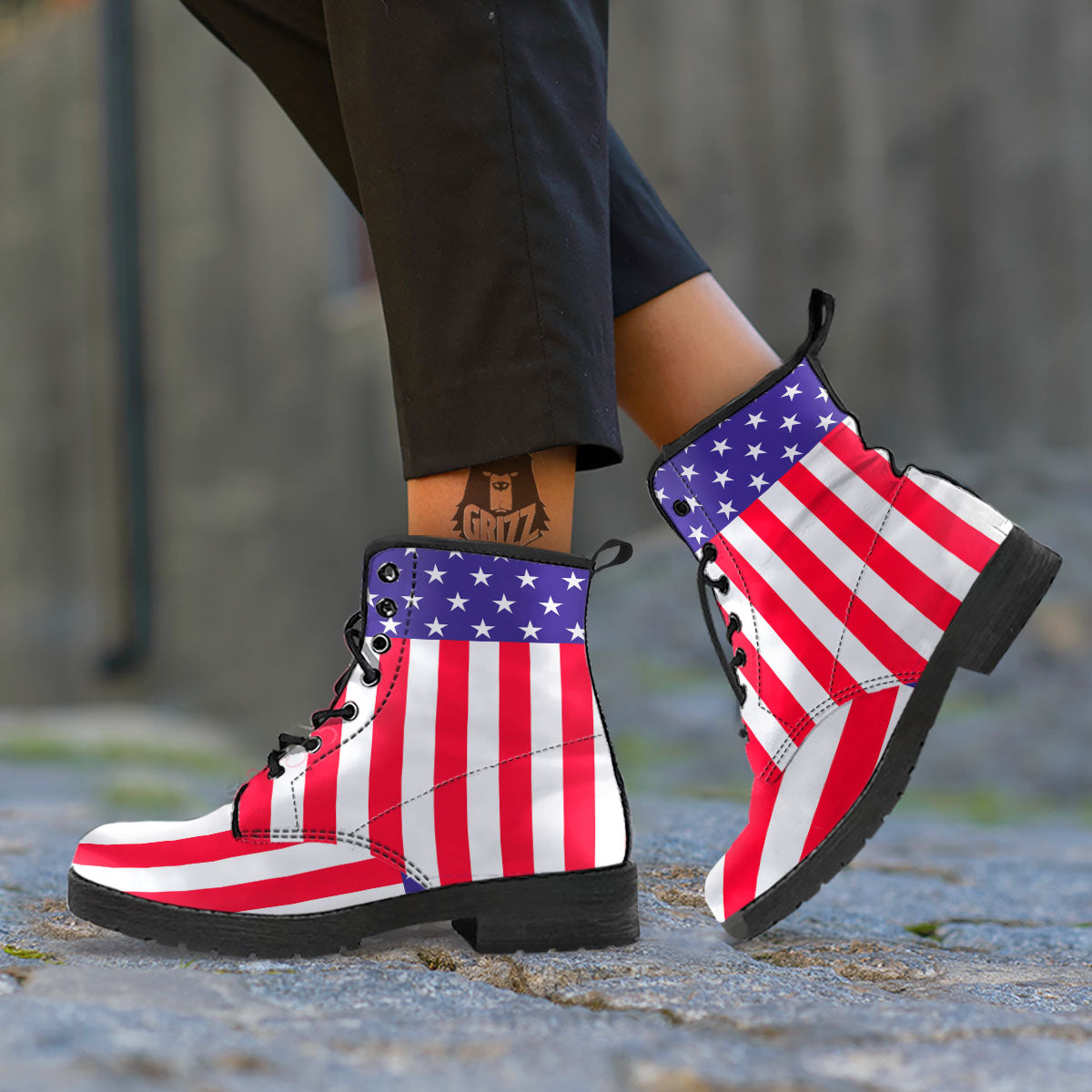 American Military Flag Print Leather Boots-grizzshop