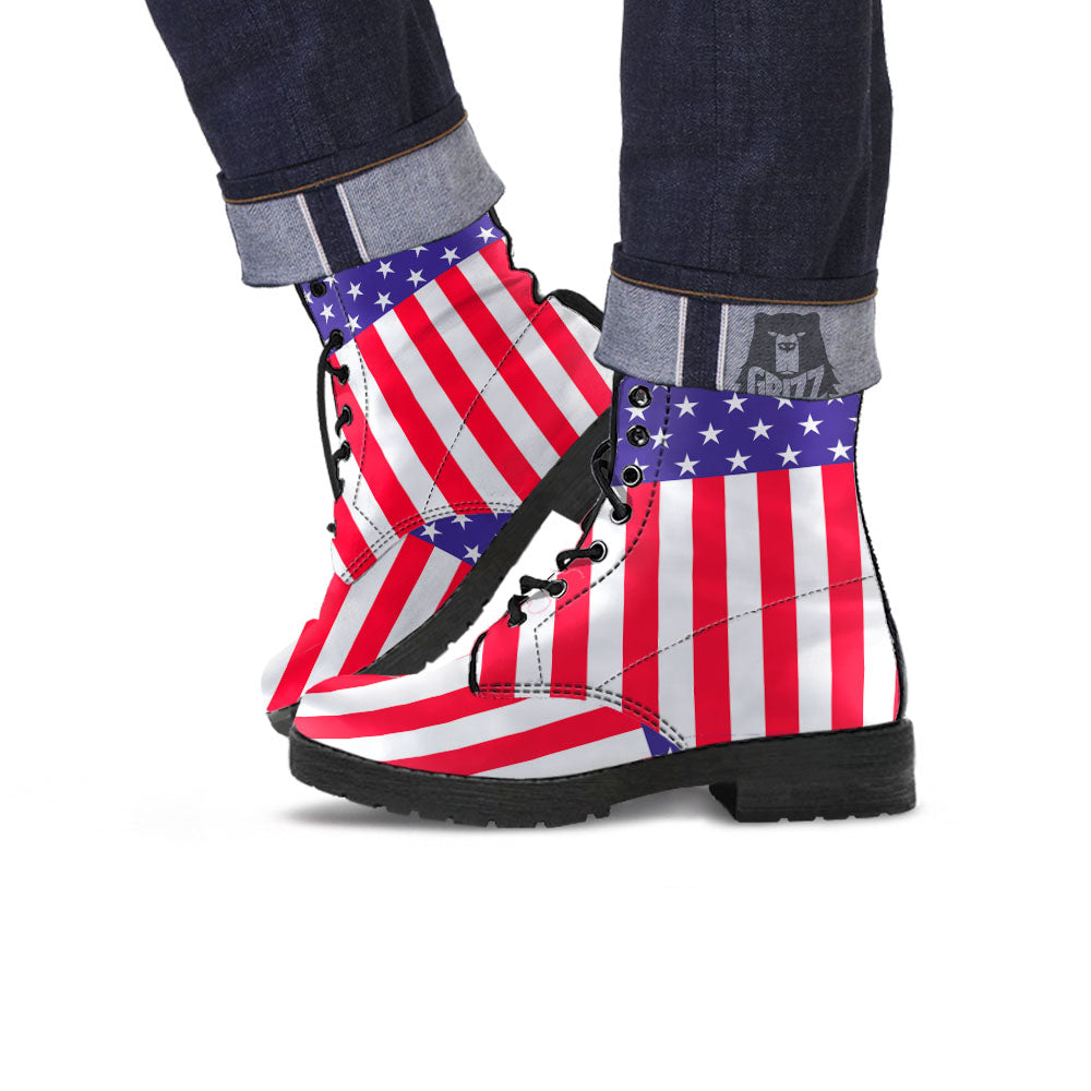American Military Flag Print Leather Boots-grizzshop