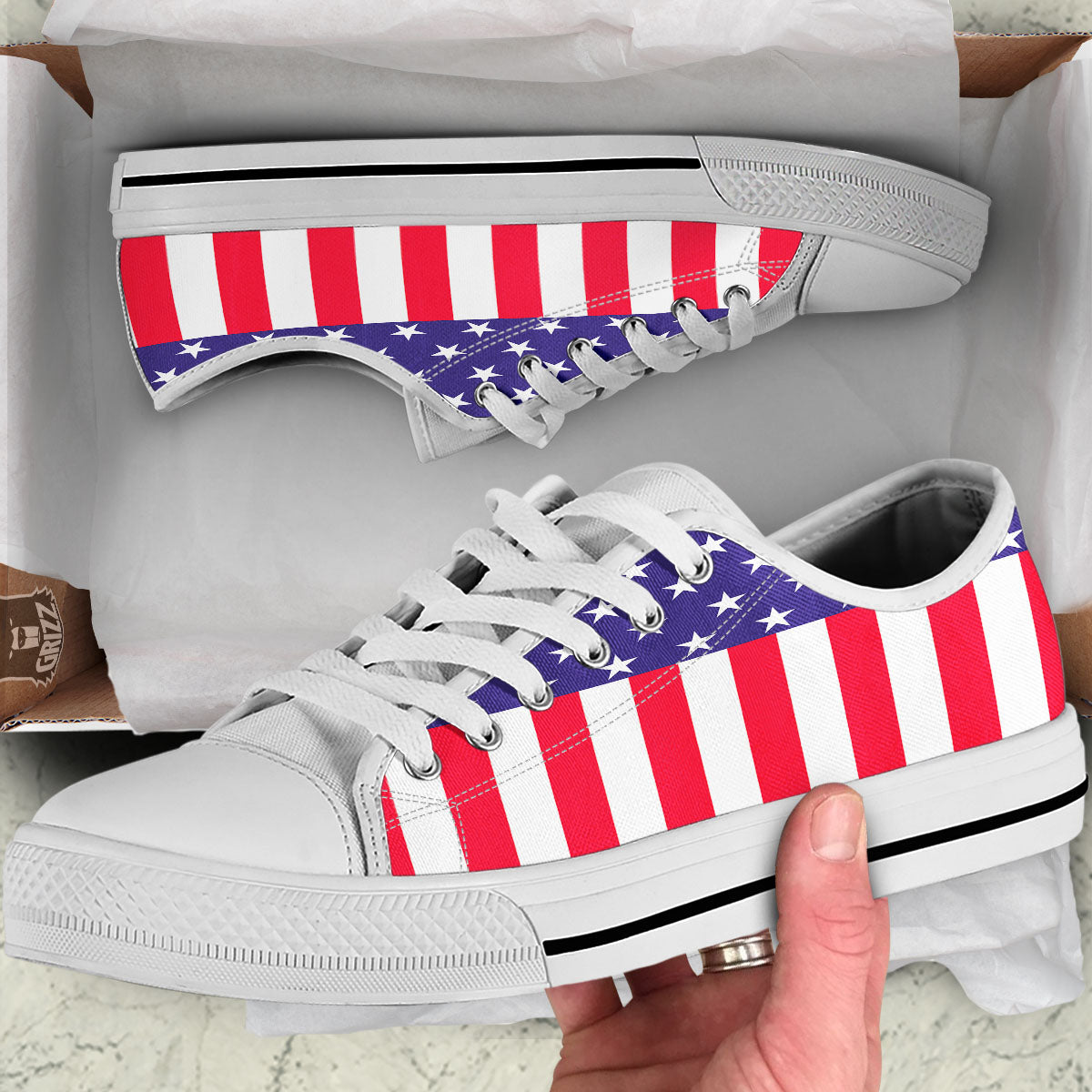 American Military Flag Print White Low Top Shoes-grizzshop