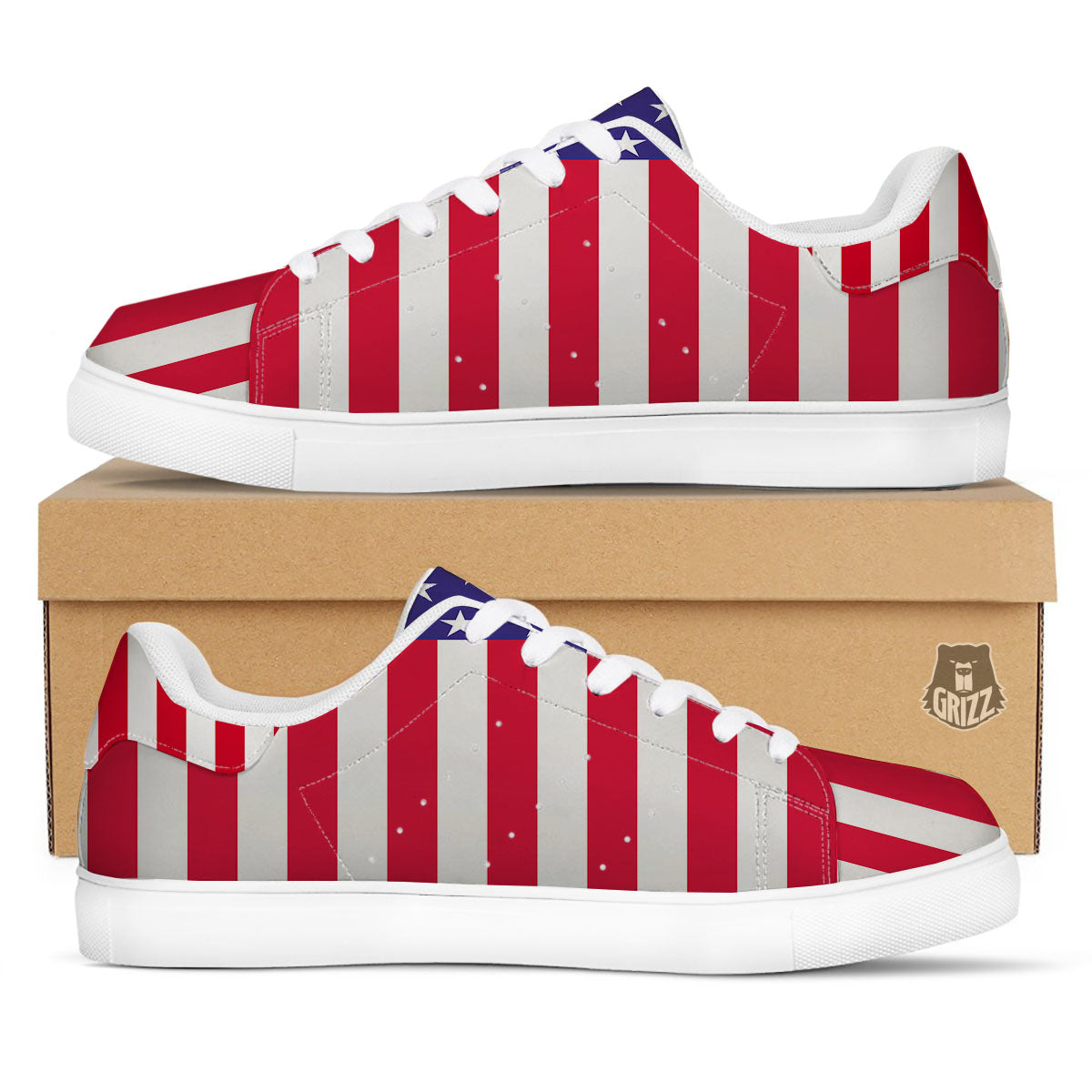 American Military Flag Print White Low Top Sneakers-grizzshop