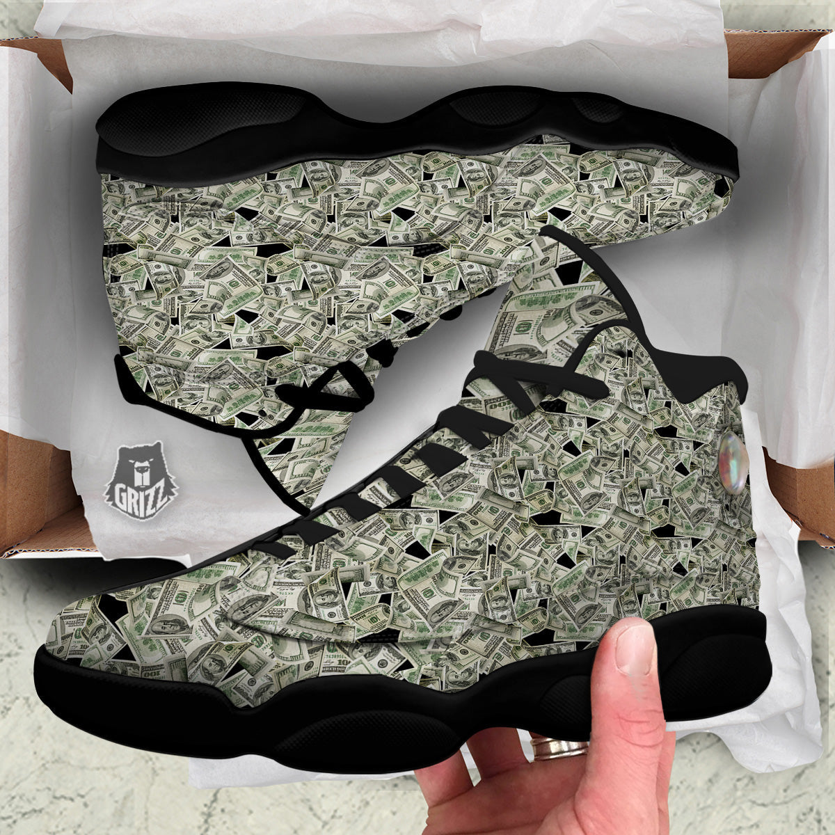 American Money US Dollars Print Pattern Black Basketball Shoes-grizzshop