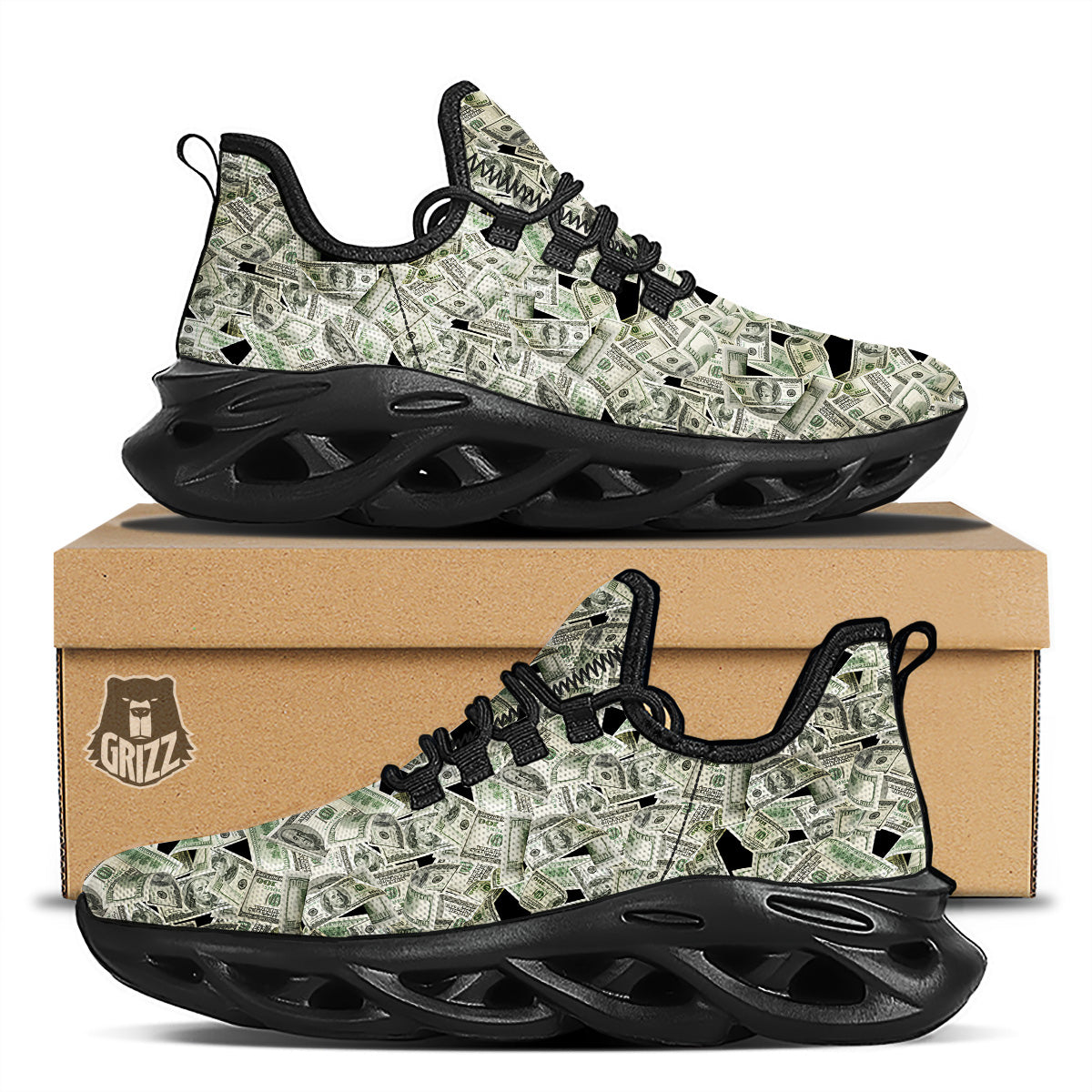 American Money US Dollars Print Pattern Black Running Shoes-grizzshop