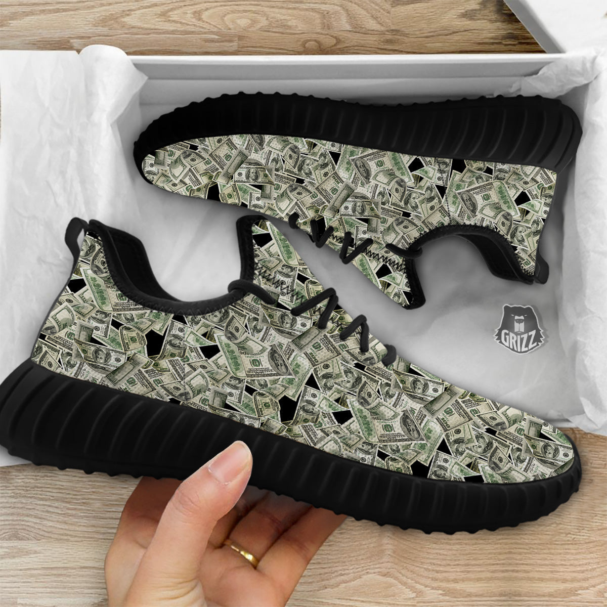 American Money US Dollars Print Pattern Black Walking Shoes-grizzshop