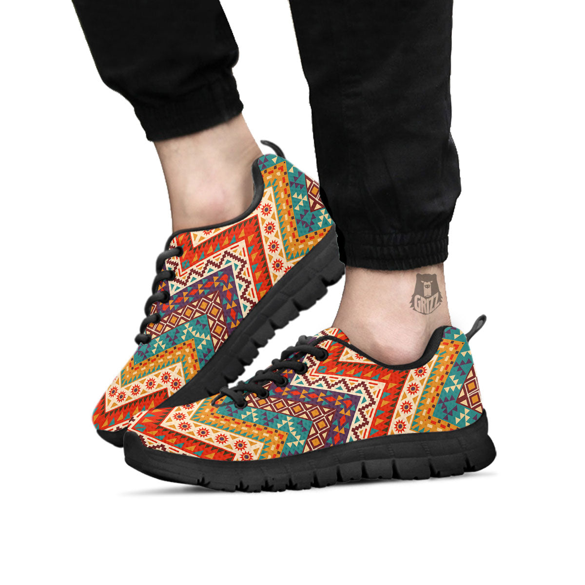 American Native Tribal Chevron Print Black Sneaker-grizzshop