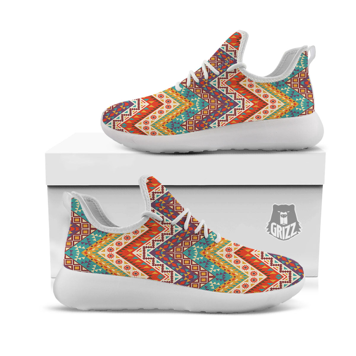 American Native Tribal Chevron Print White Athletic Shoes-grizzshop