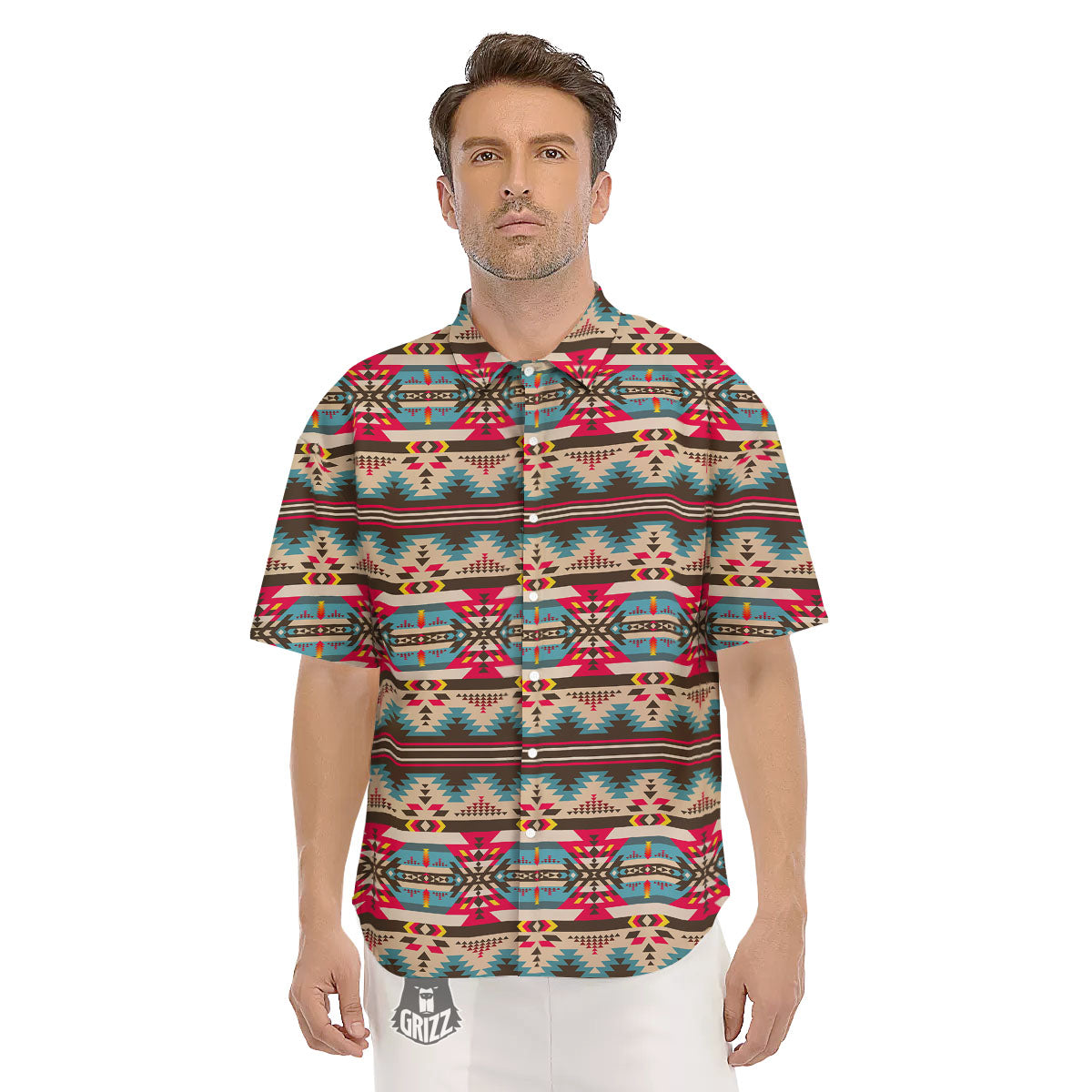 American Native Tribal Print Pattern Men's Short Sleeve Shirts-grizzshop