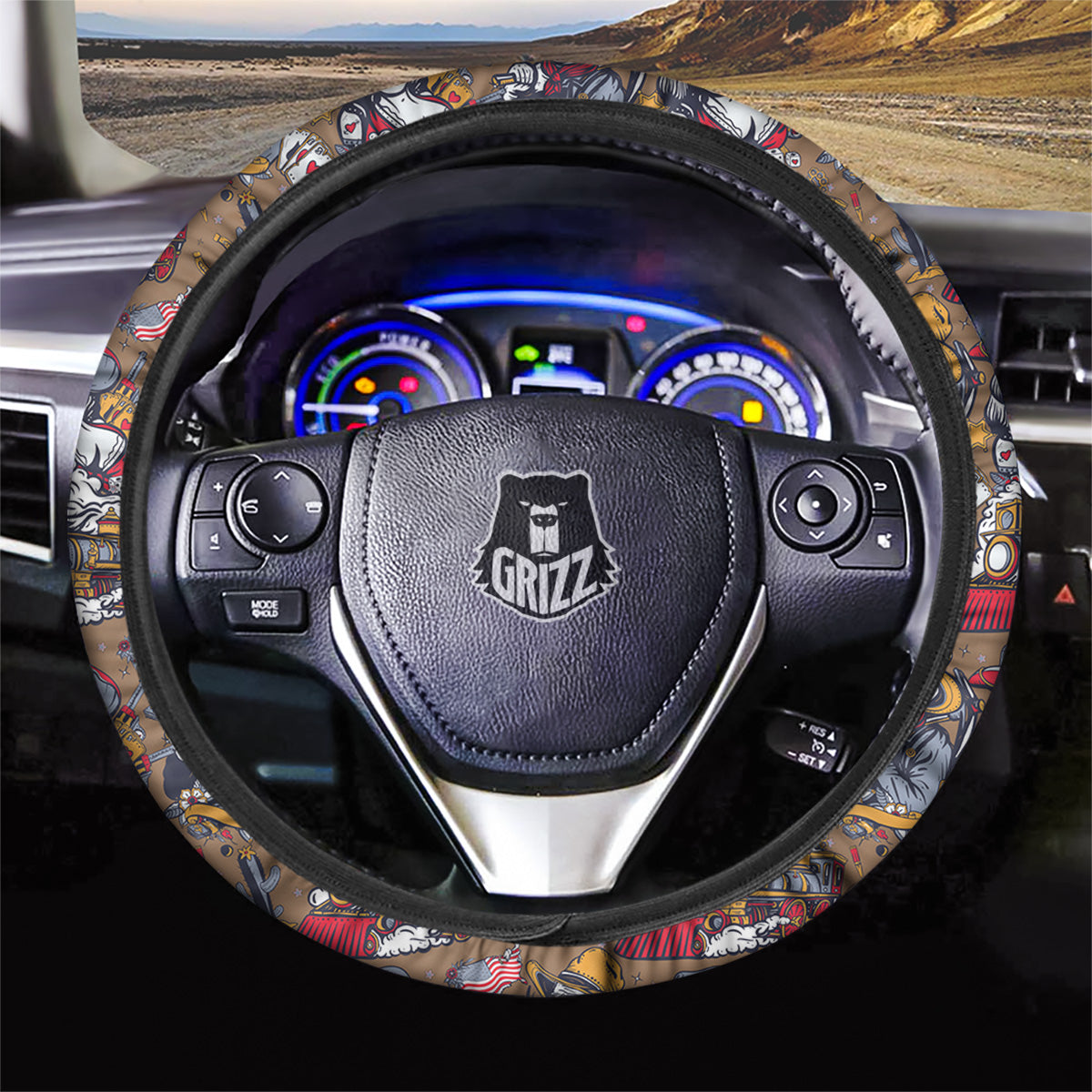 American Old West History Print Pattern Car Steering Wheel Cover-grizzshop