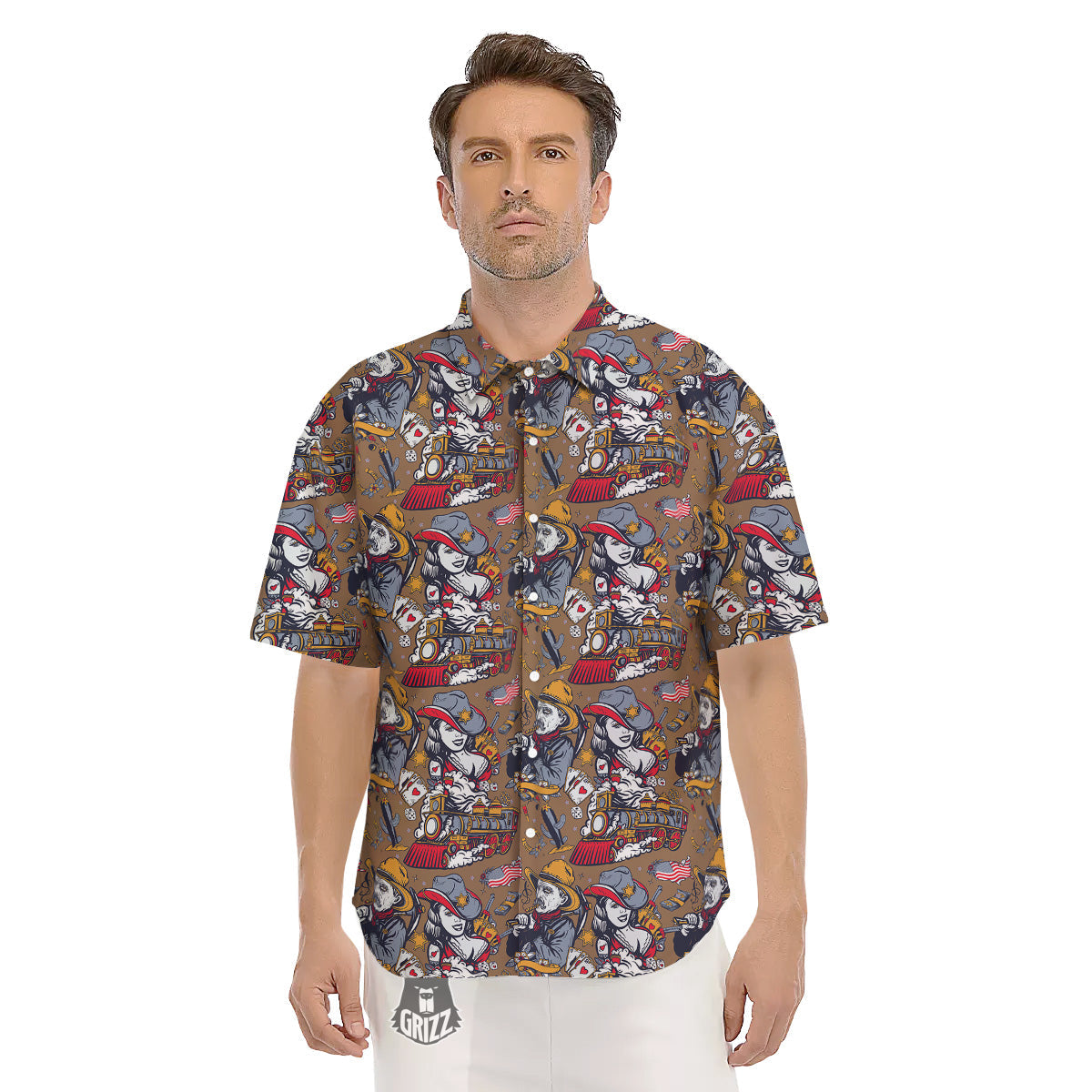 American Old West History Print Pattern Men's Short Sleeve Shirts-grizzshop