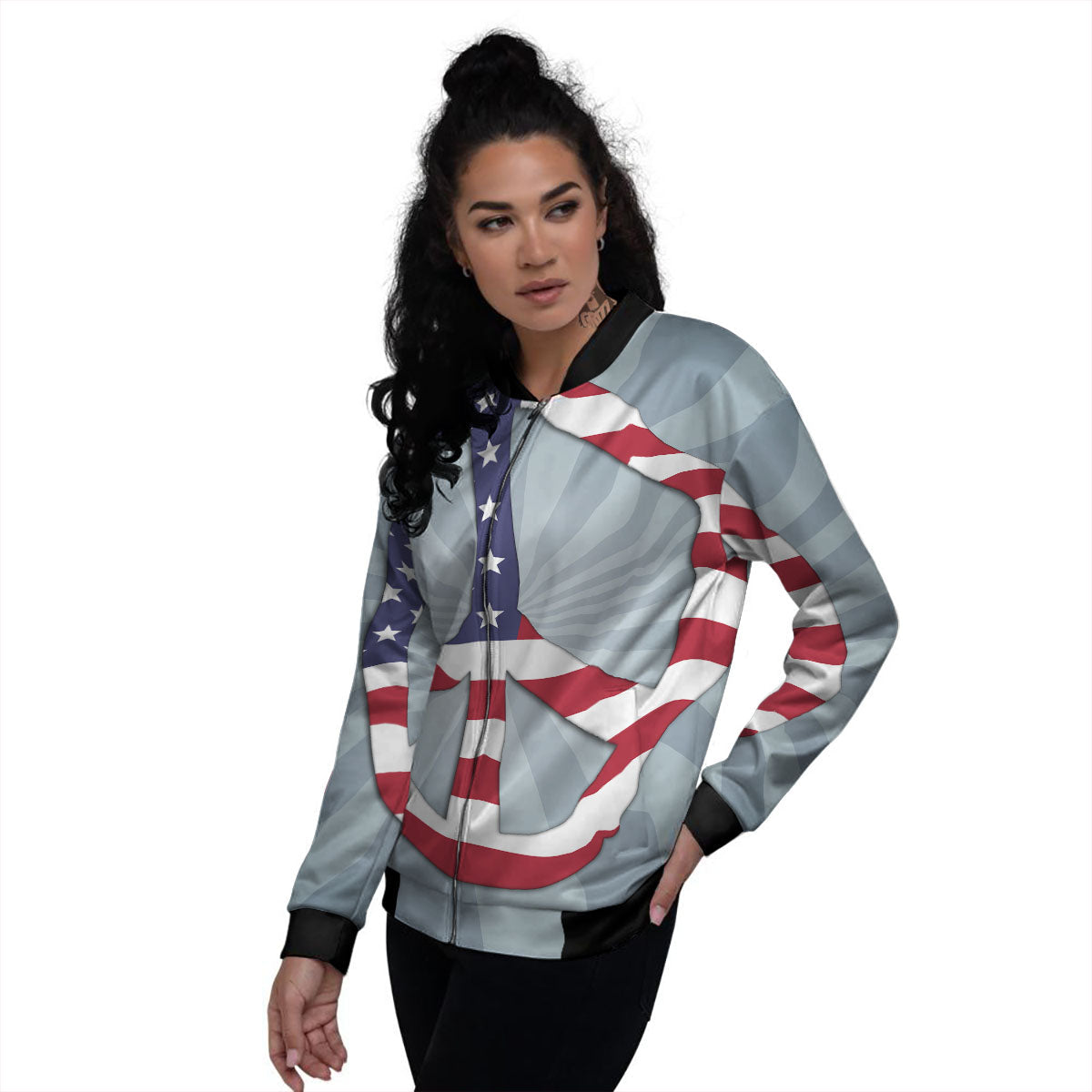 American Peace Flag Print Women's Bomber Jacket-grizzshop