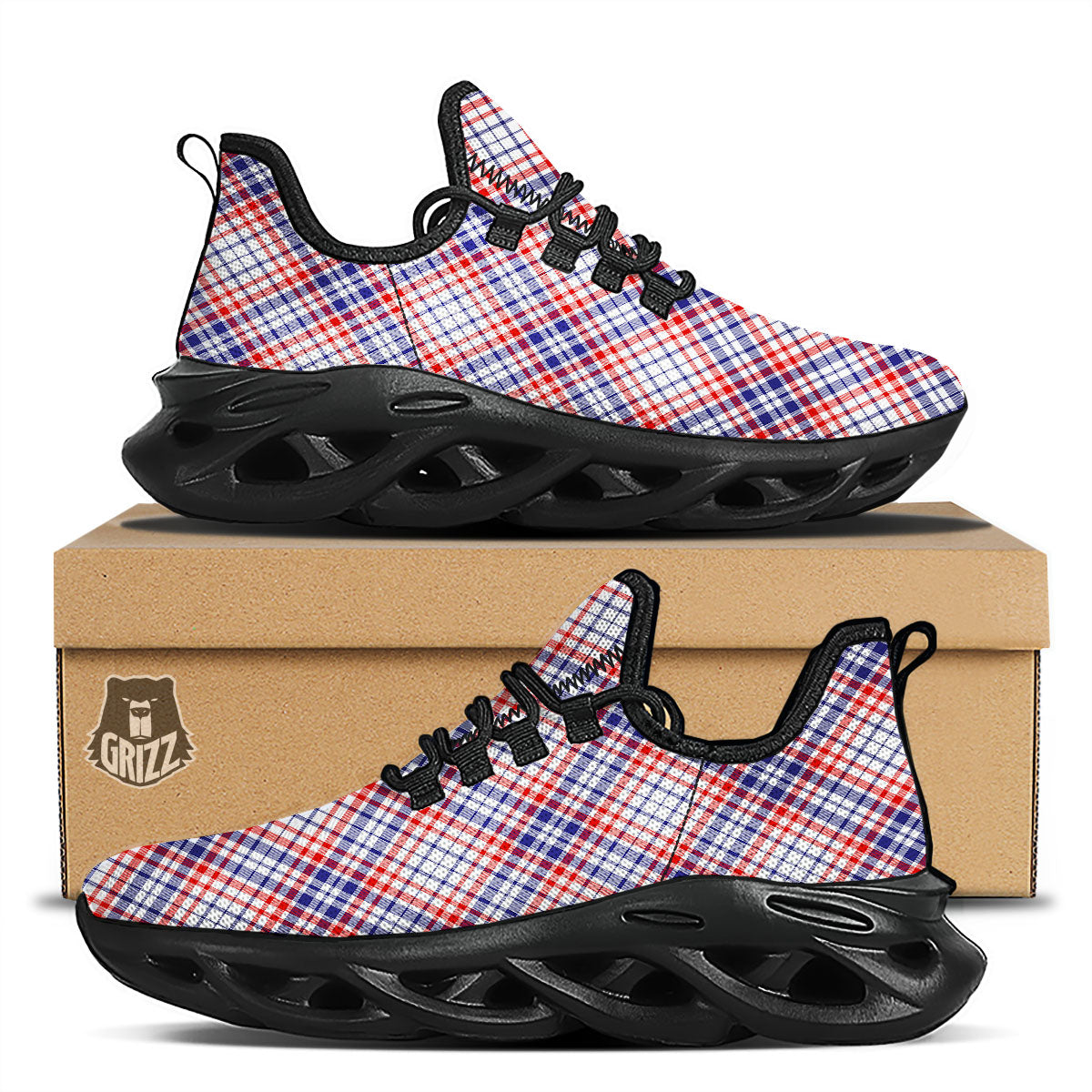 American Plaid 4th of July Print Black Running Shoes-grizzshop
