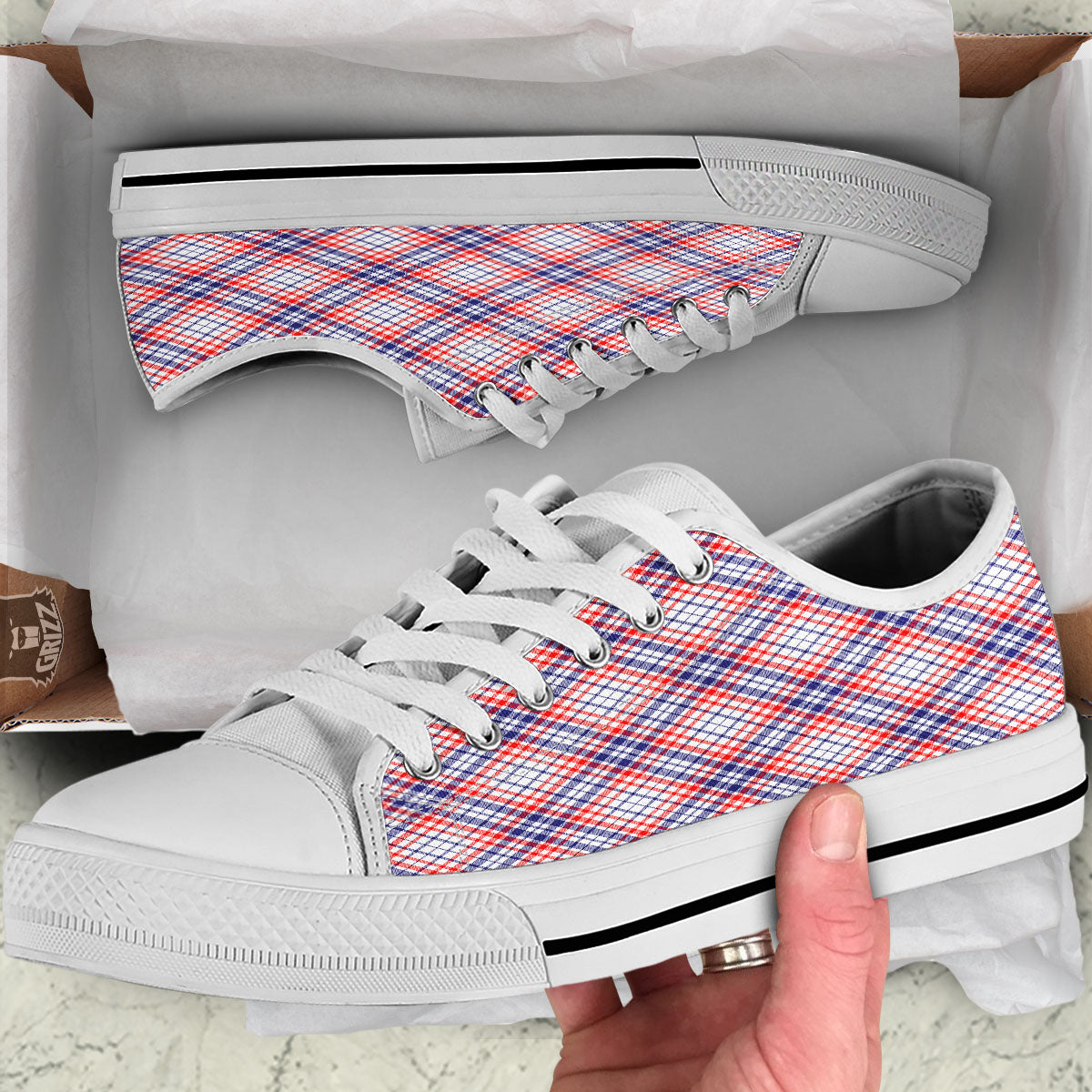 American Plaid 4th of July Print White Low Top Shoes-grizzshop