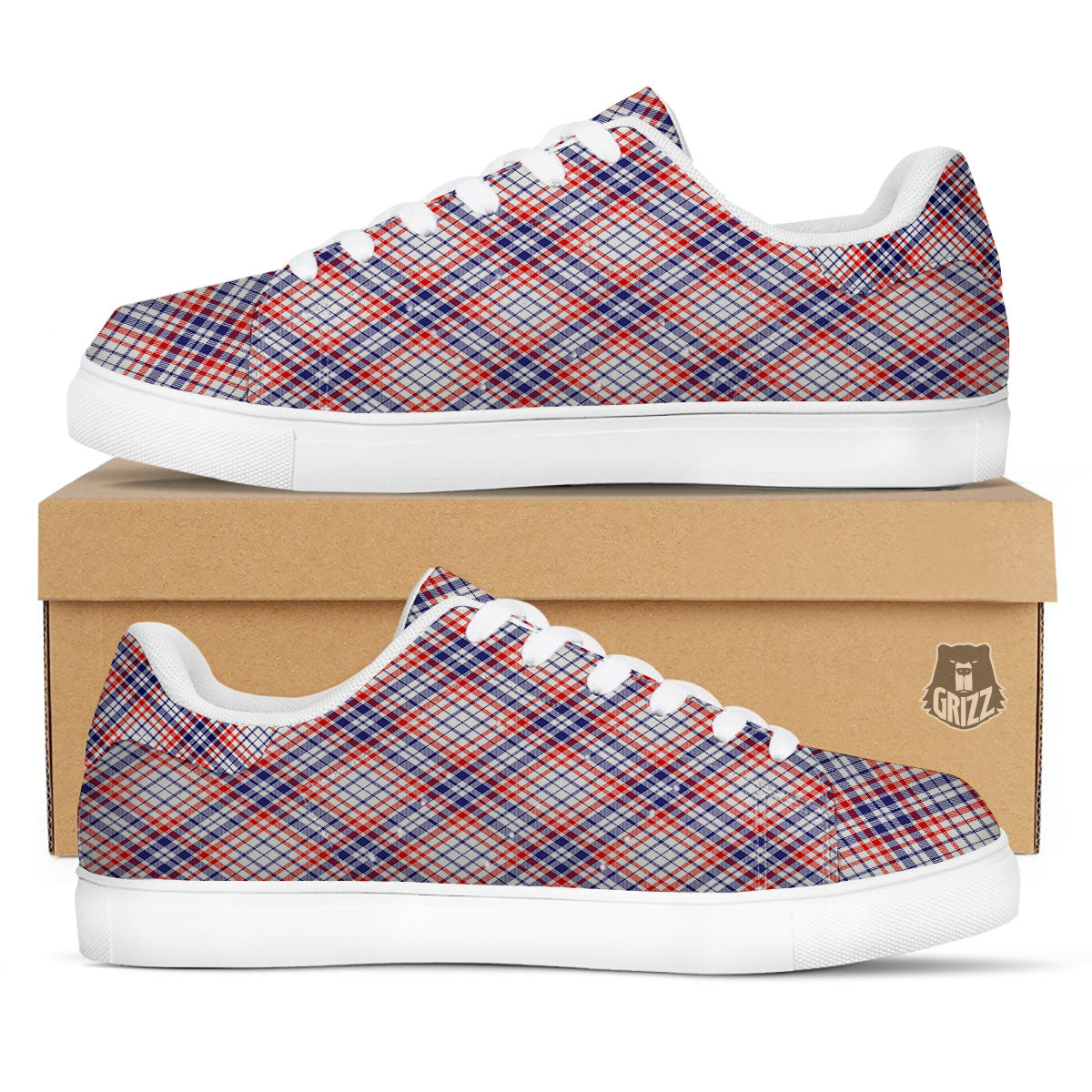American Plaid 4th of July Print White Low Top Sneakers-grizzshop