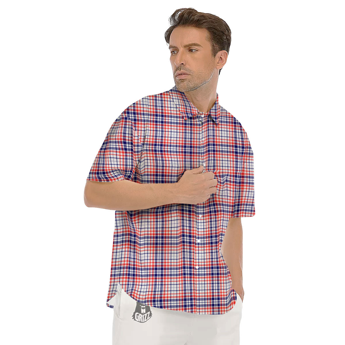 American Plaid Fourth of July Print Men's Short Sleeve Shirts-grizzshop