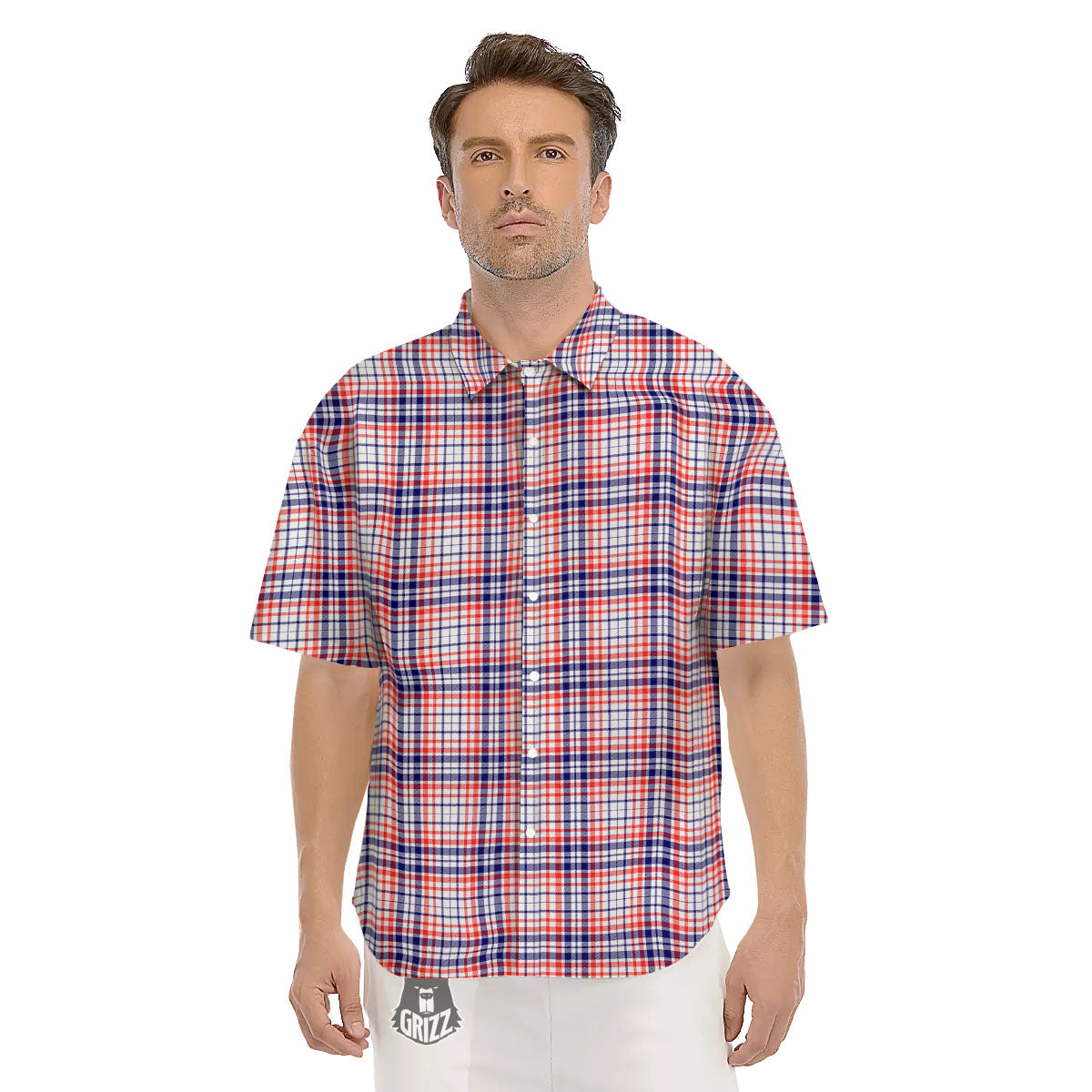 American Plaid Fourth of July Print Men's Short Sleeve Shirts-grizzshop