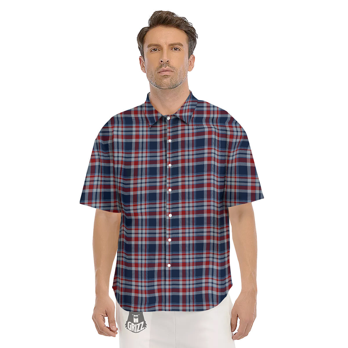 American Plaid Print Pattern Men's Short Sleeve Shirts-grizzshop