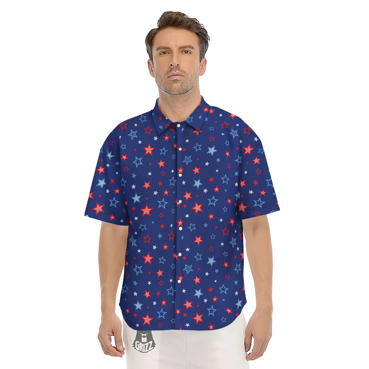 American Star Blue And Red Print Pattern Men's Short Sleeve Shirts-grizzshop