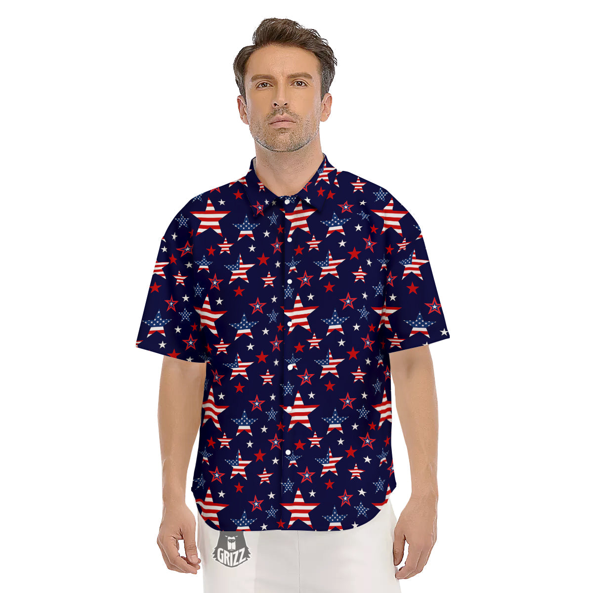 American Star Print Pattern Men's Short Sleeve Shirts-grizzshop