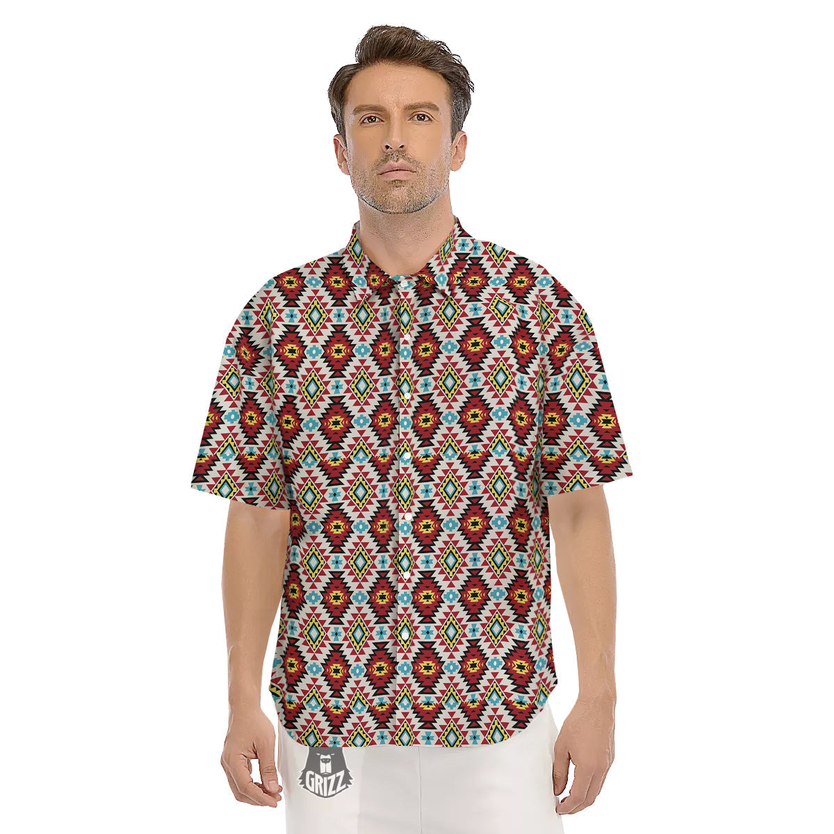 American Turquoise Native Print Pattern Men's Short Sleeve Shirts-grizzshop