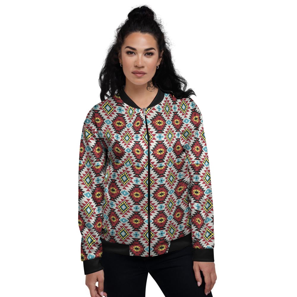 American Turquoise Native Print Pattern Women's Bomber Jacket-grizzshop