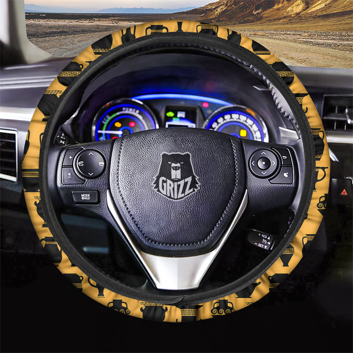 Amphora Black And Yellow Print Pattern Car Steering Wheel Cover-grizzshop
