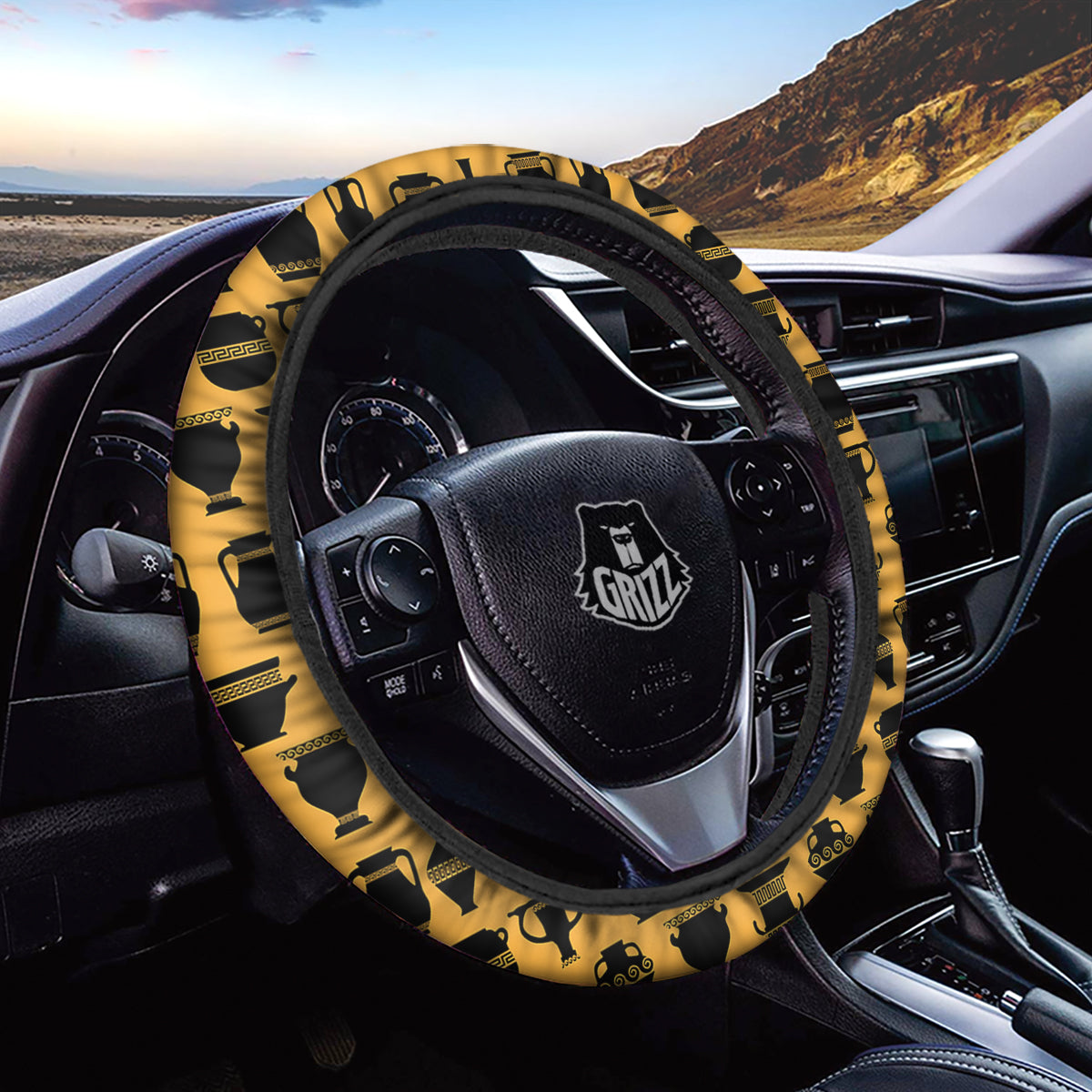 Amphora Black And Yellow Print Pattern Car Steering Wheel Cover-grizzshop