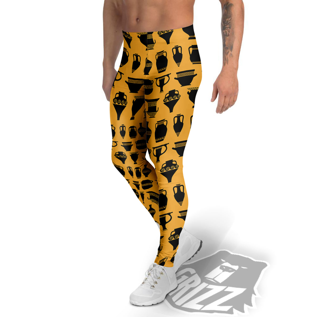 Amphora Black And Yellow Print Pattern Men's Leggings-grizzshop