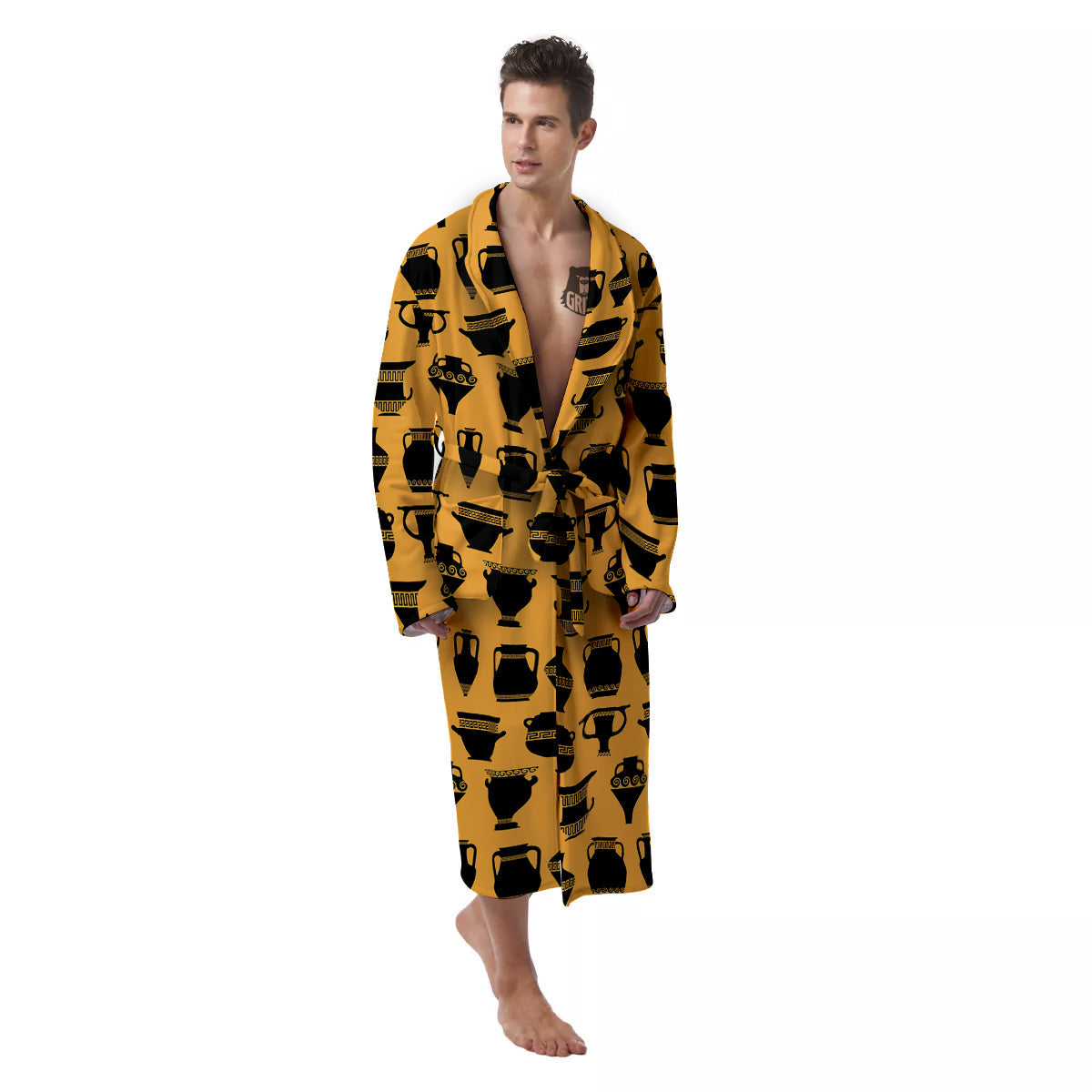 Amphora Black And Yellow Print Pattern Men's Robe-grizzshop