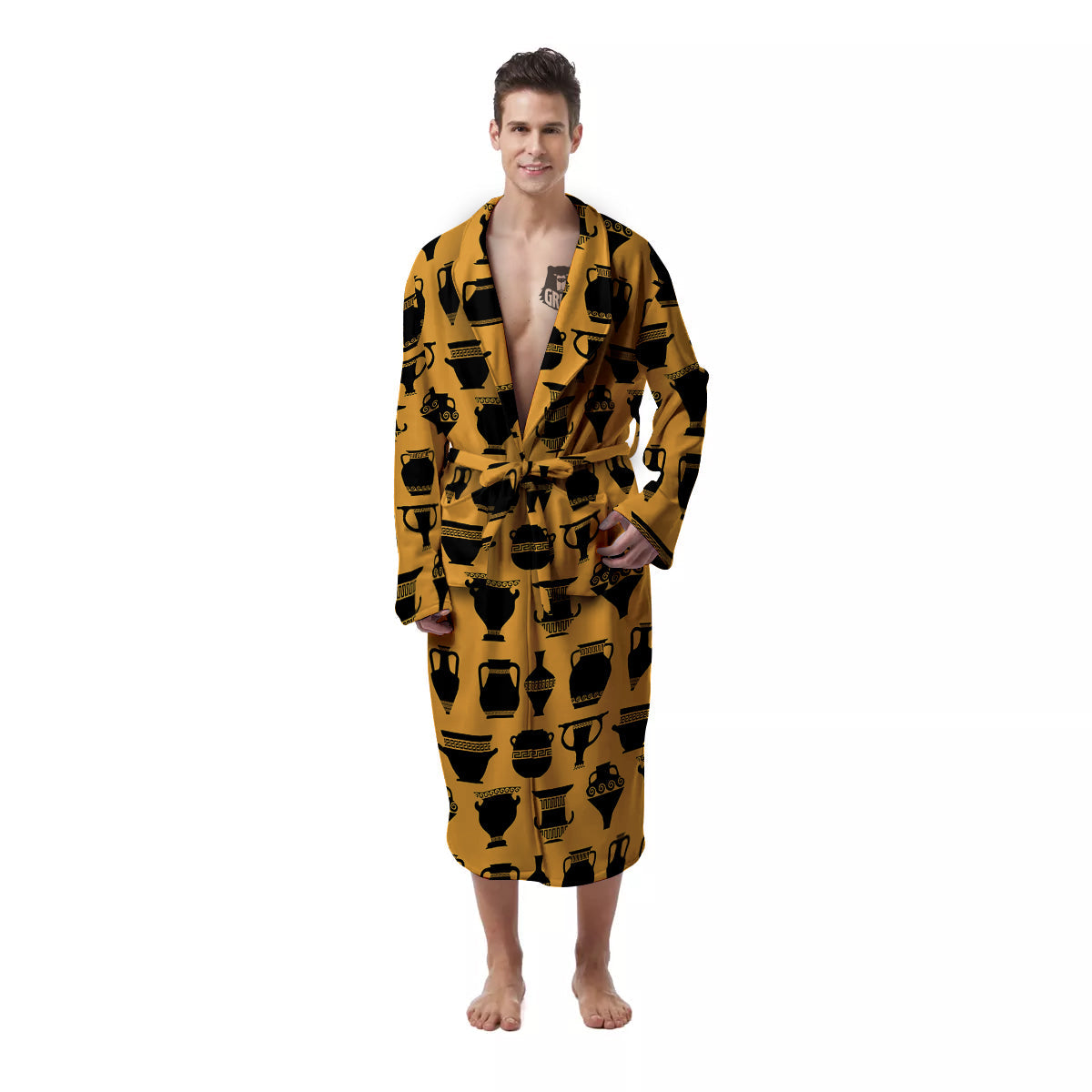 Amphora Black And Yellow Print Pattern Men's Robe-grizzshop