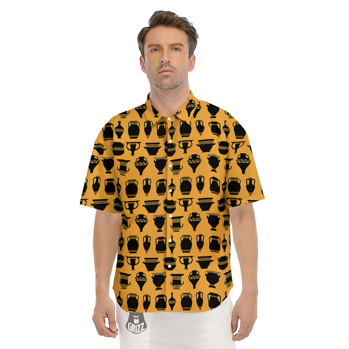 Amphora Black And Yellow Print Pattern Men's Short Sleeve Shirts-grizzshop