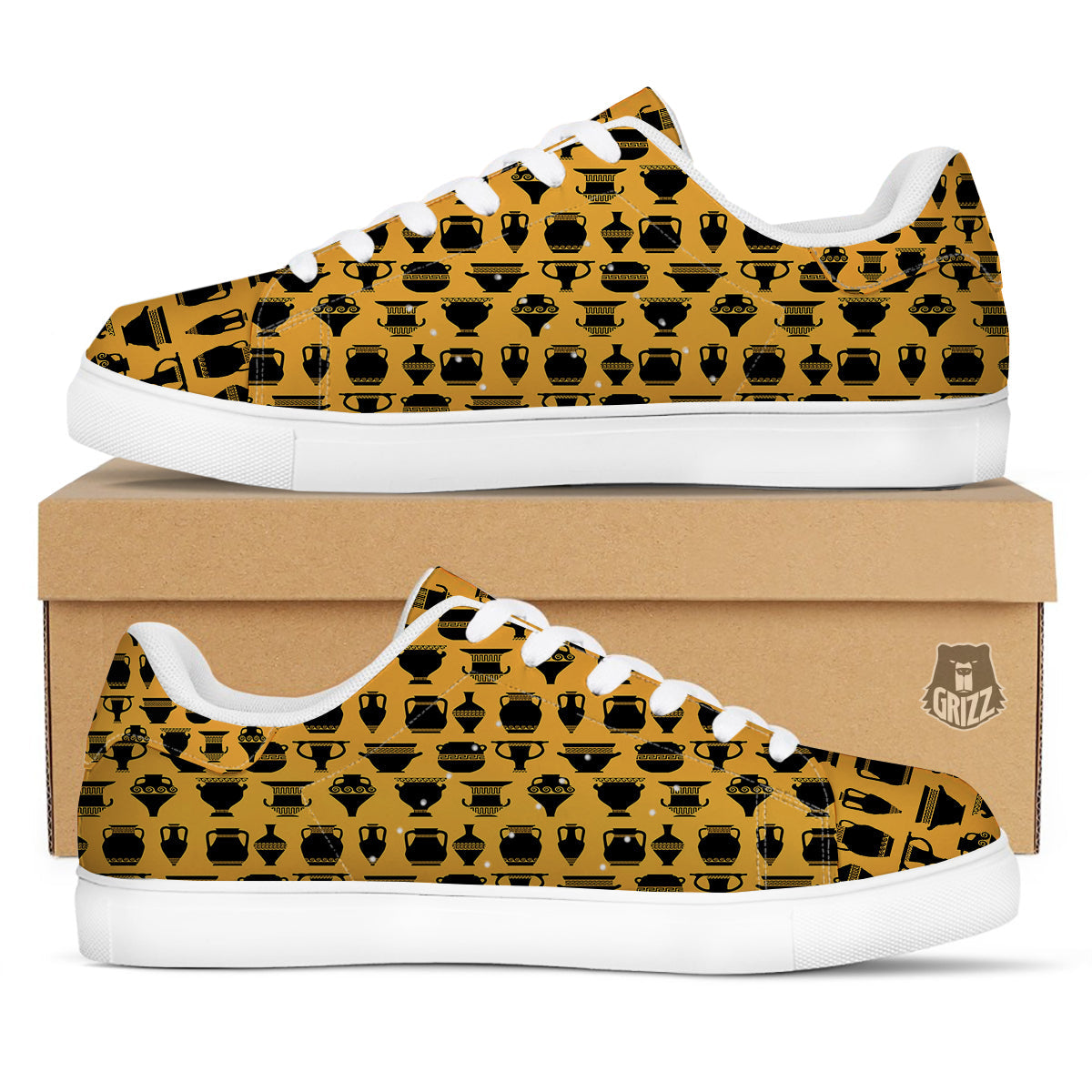 Amphora Black And Yellow Print Pattern White Low Top Sneakers-grizzshop