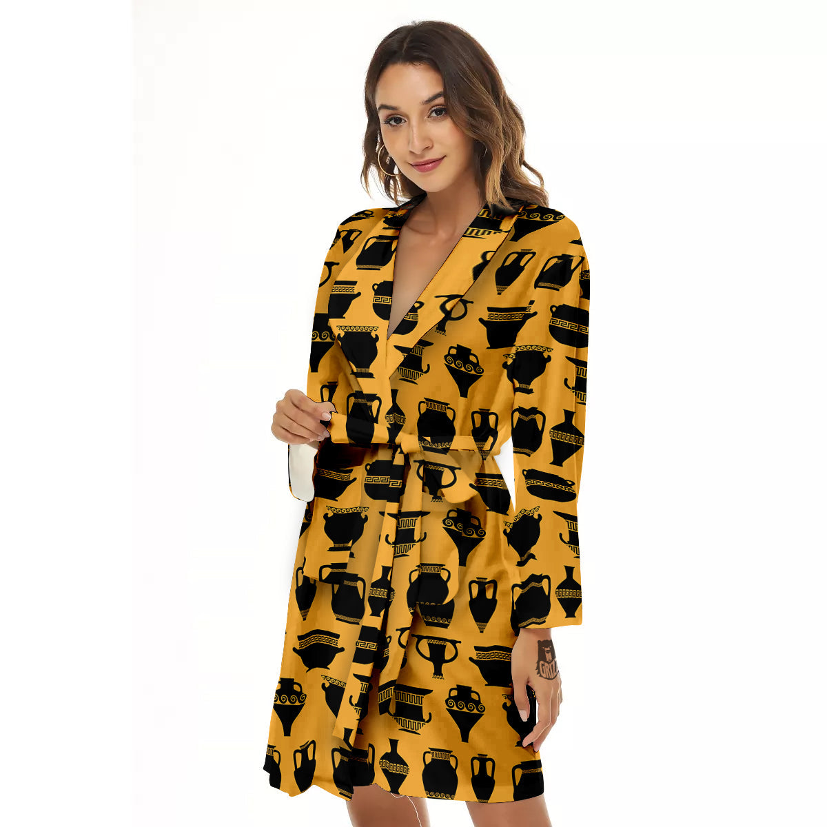 Amphora Black And Yellow Print Pattern Women's Robe-grizzshop