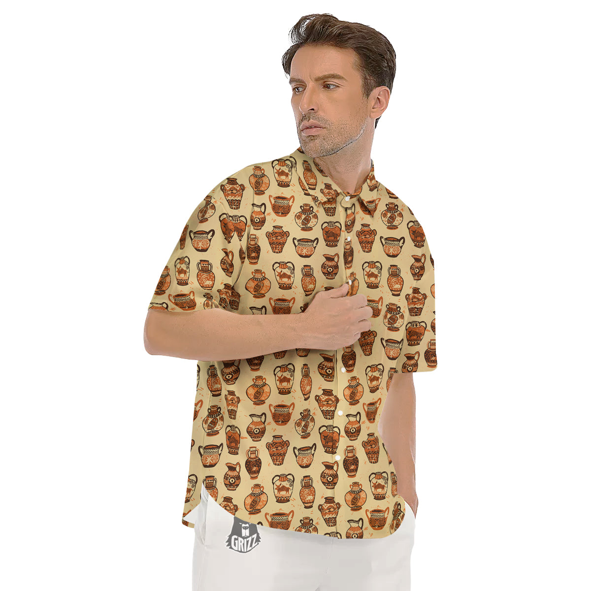 Amphora Greek Vintage Print Pattern Men's Short Sleeve Shirts-grizzshop