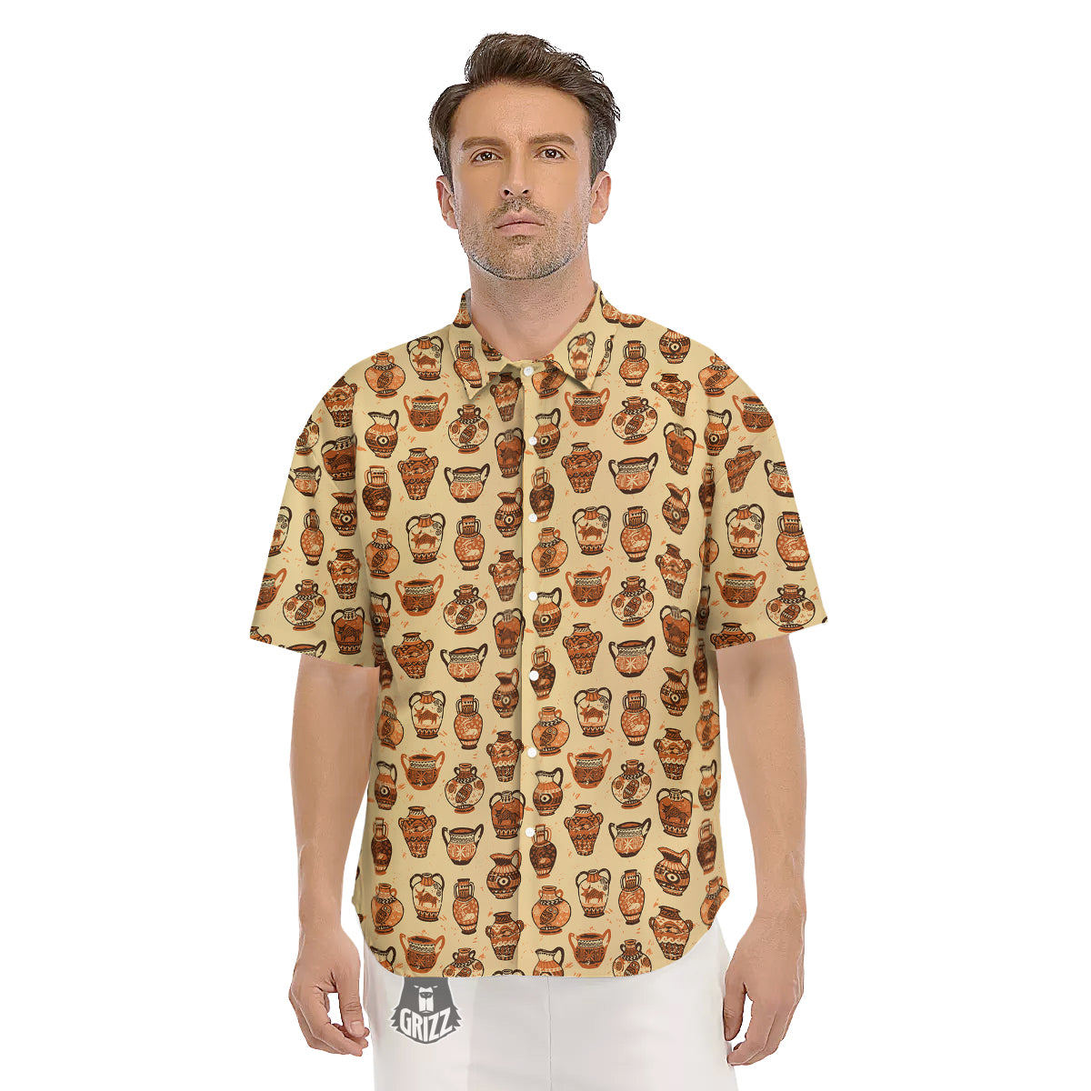 Amphora Greek Vintage Print Pattern Men's Short Sleeve Shirts-grizzshop