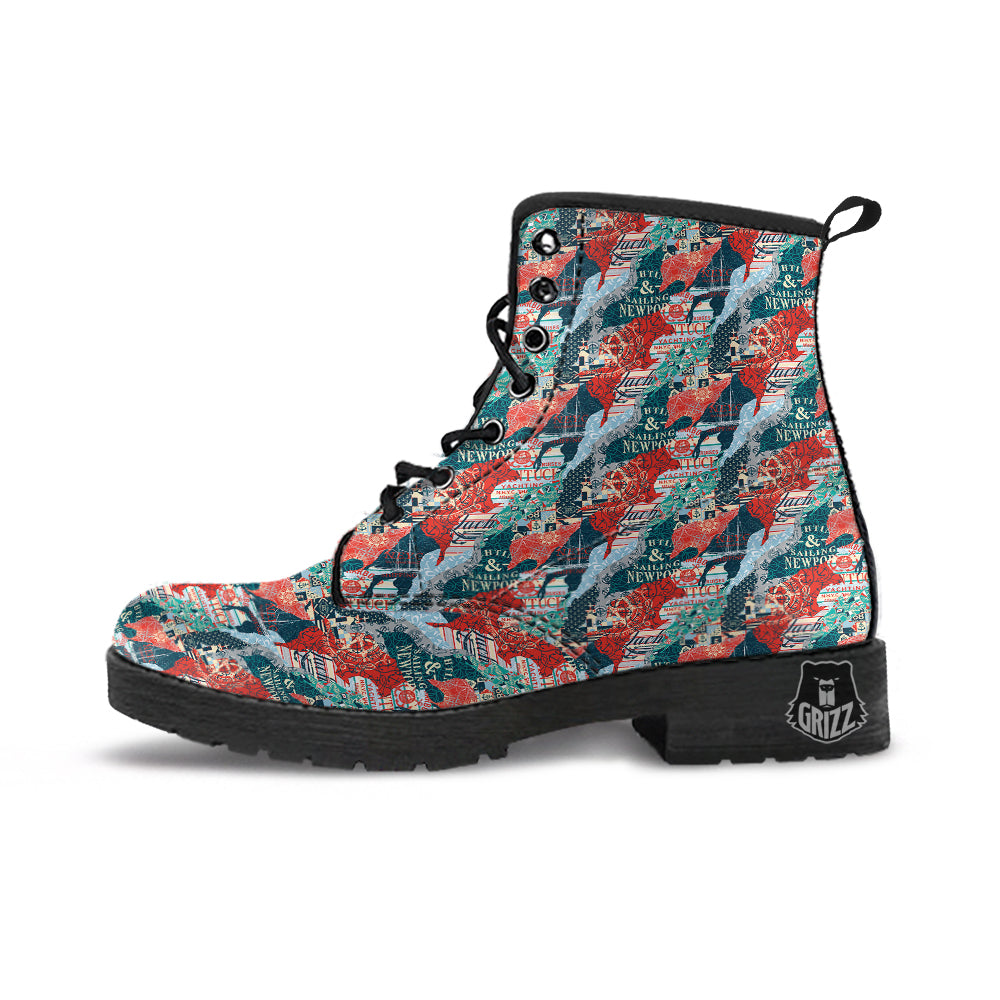 Anchor Abstract Nautical Print Pattern Leather Boots-grizzshop