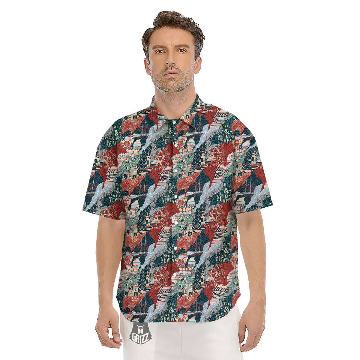 Anchor Abstract Nautical Print Pattern Men's Short Sleeve Shirts-grizzshop