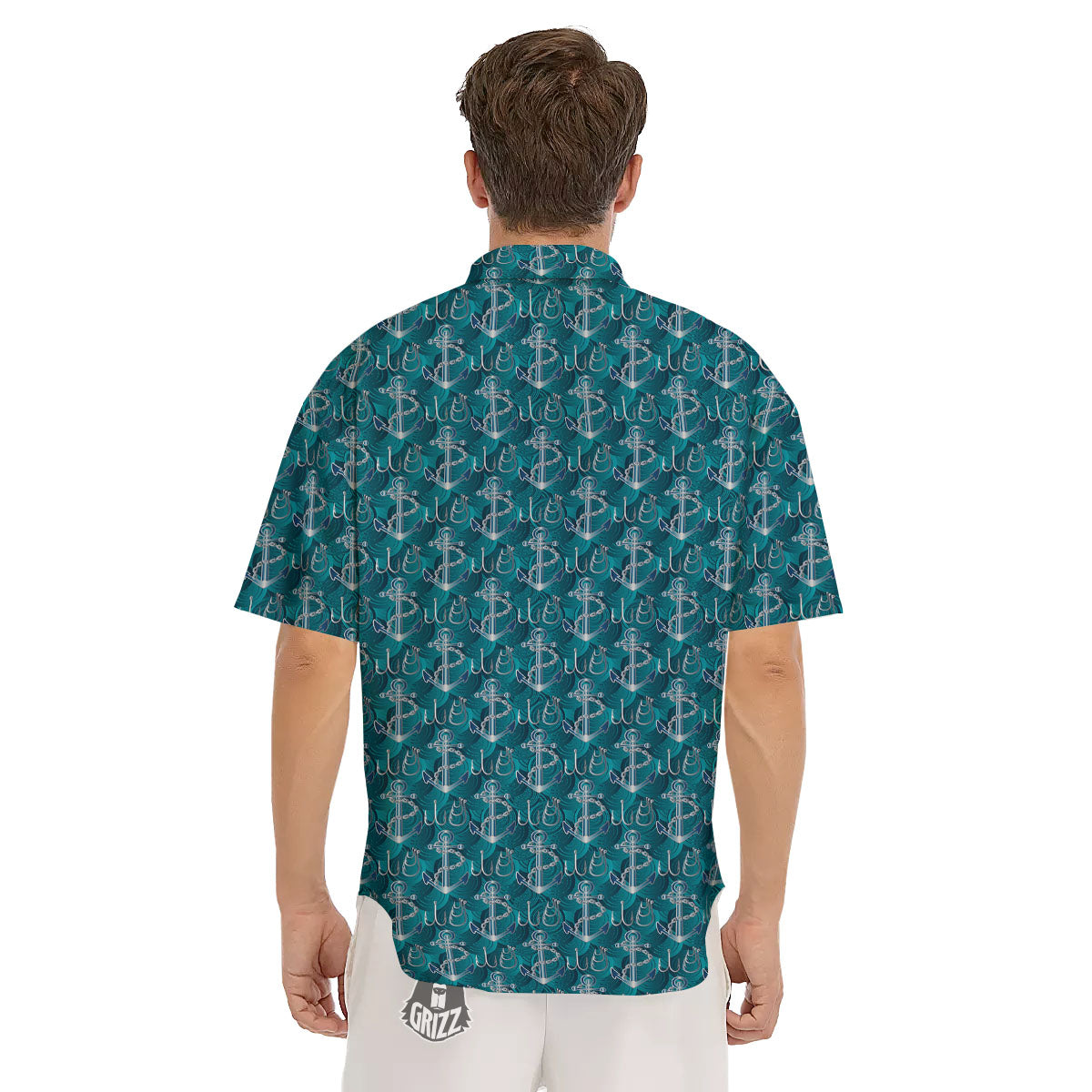 Anchor Blue Print Pattern Men's Short Sleeve Shirts-grizzshop