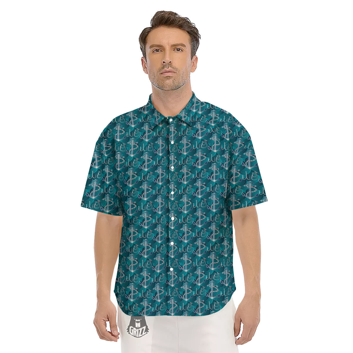 Anchor Blue Print Pattern Men's Short Sleeve Shirts-grizzshop