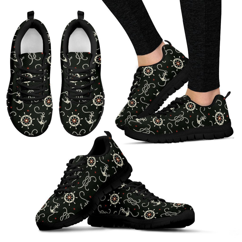 Anchor Nautical Pattern Print Black Sneaker Shoes For Men Women-grizzshop