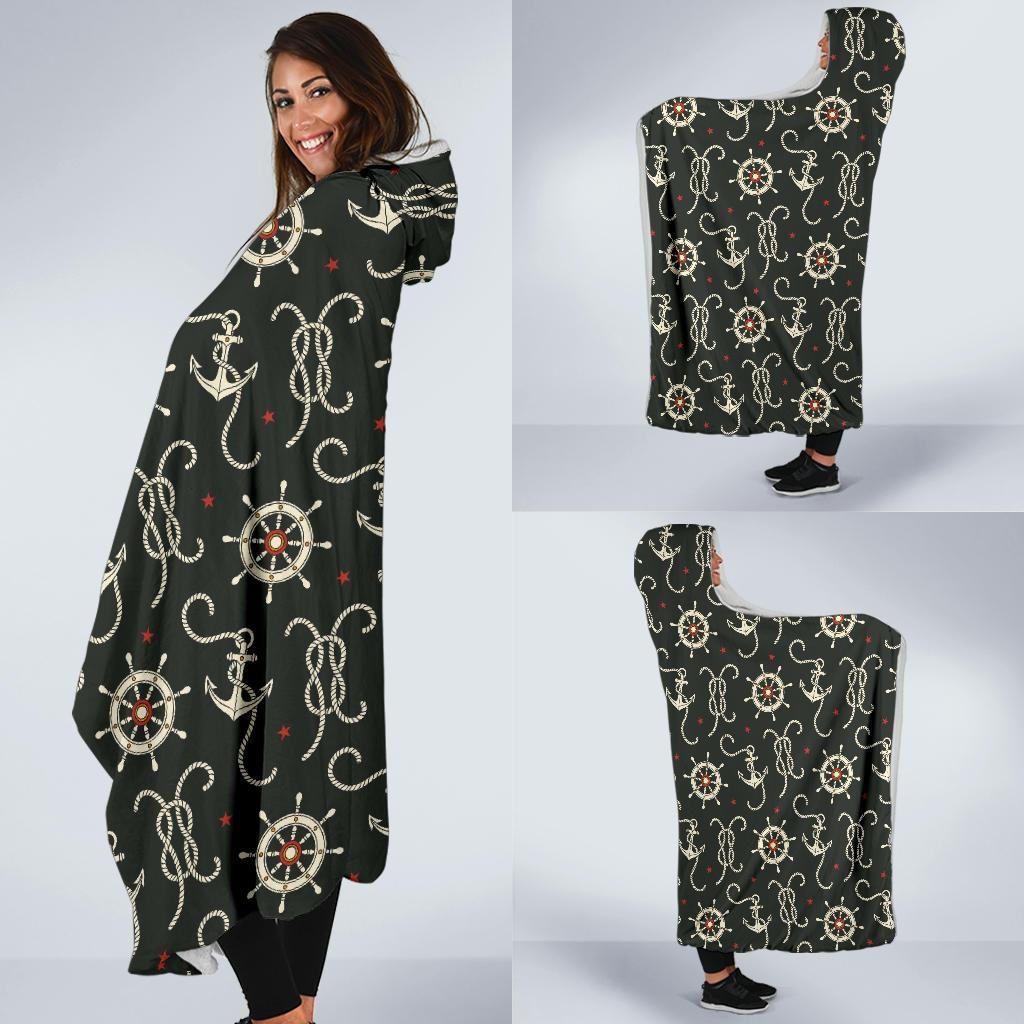 Anchor Nautical Pattern Print Hooded Blanket-grizzshop