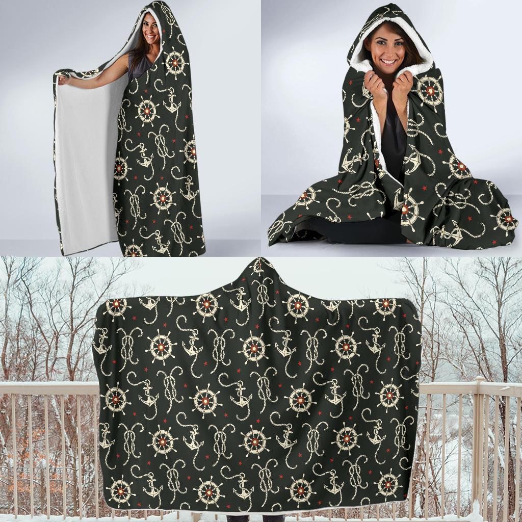 Anchor Nautical Pattern Print Hooded Blanket-grizzshop