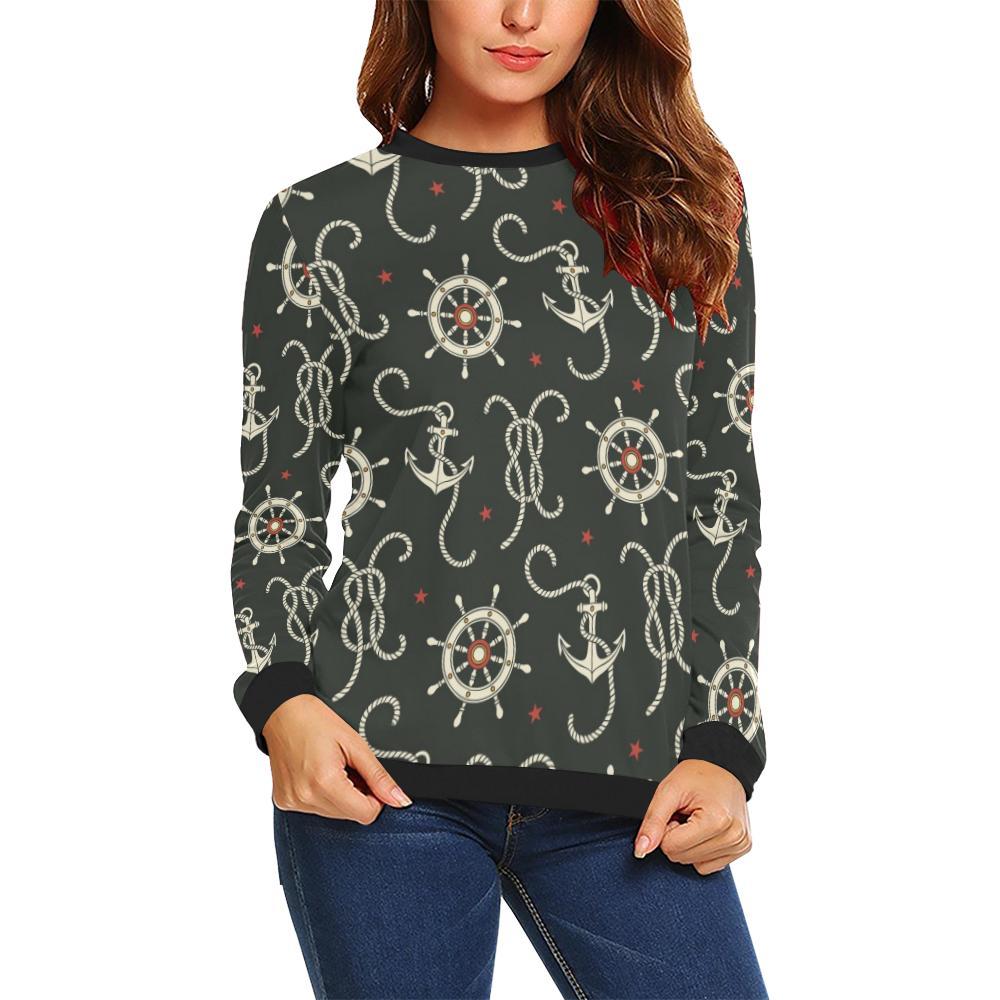 Anchor Nautical Pattern Print Women Crewneck Sweatshirt-grizzshop