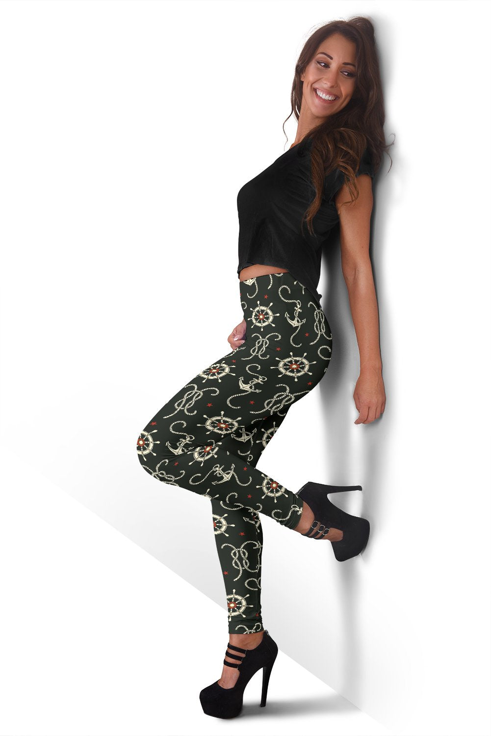 Anchor Nautical Pattern Print Women Leggings-grizzshop