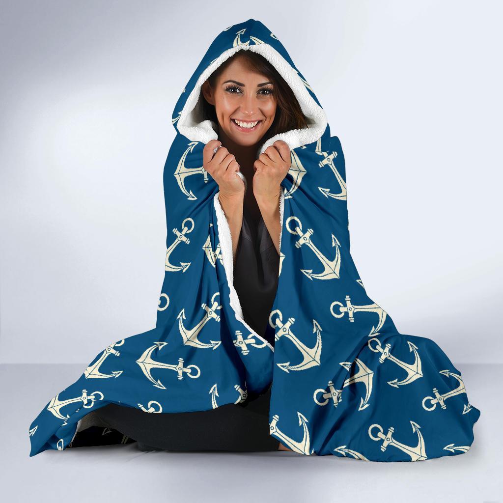 Anchor Nautical Print Pattern Hooded Blanket-grizzshop