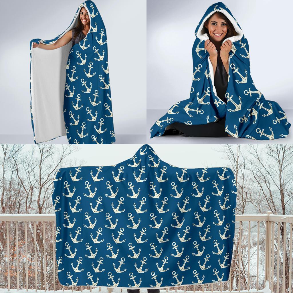 Anchor Nautical Print Pattern Hooded Blanket-grizzshop