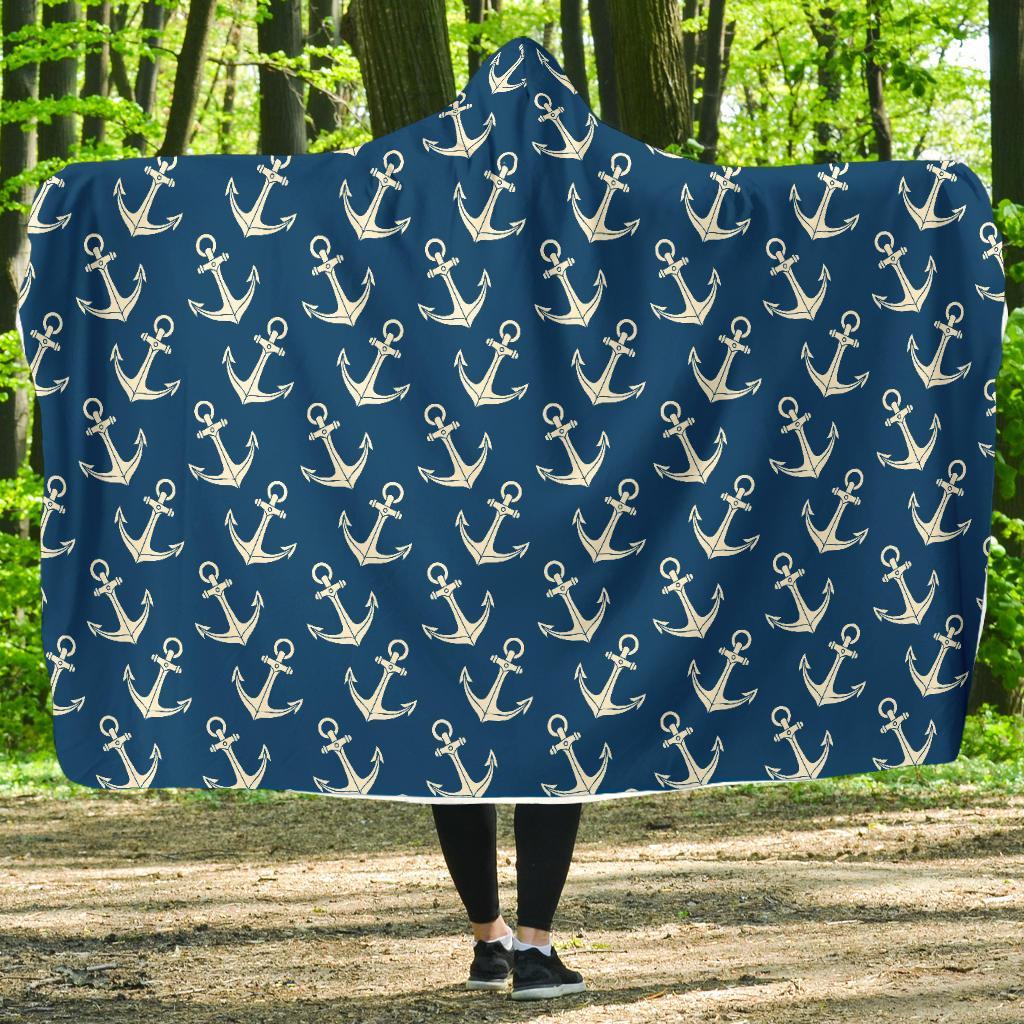 Anchor Nautical Print Pattern Hooded Blanket-grizzshop