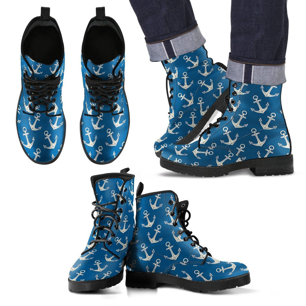 Anchor Nautical Print Pattern Men Women Leather Boots-grizzshop