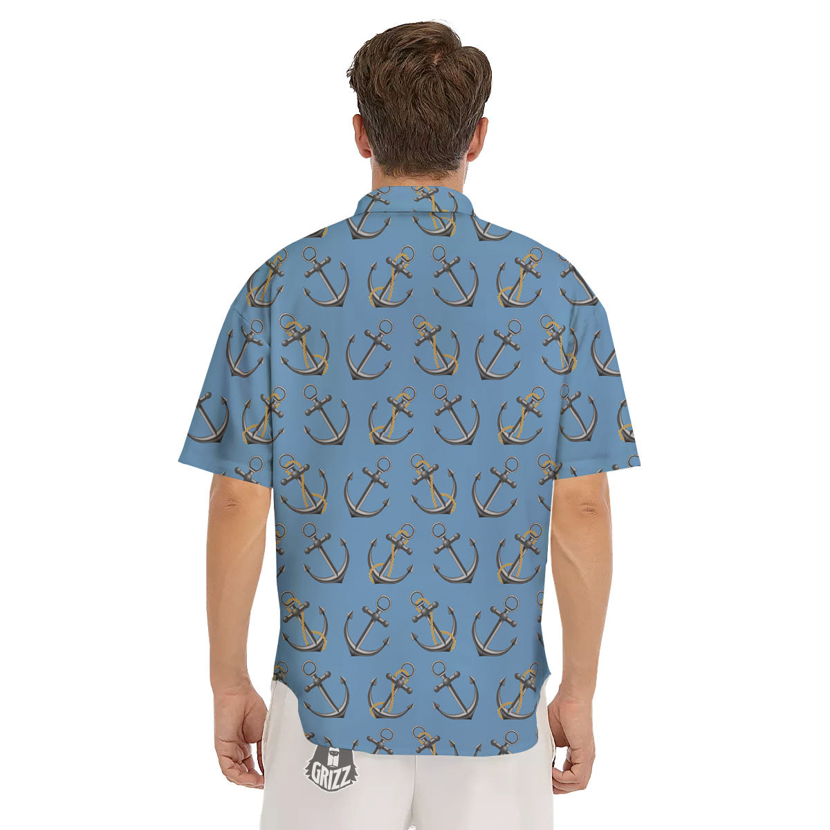 Anchor Nautical Print Pattern Men's Short Sleeve Shirts-grizzshop