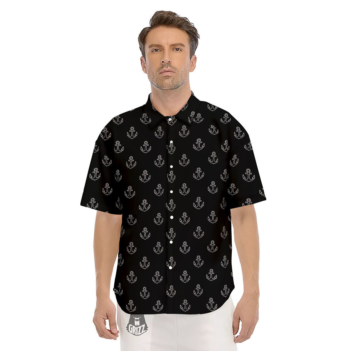 Anchor White And Black Print Pattern Men's Short Sleeve Shirts-grizzshop